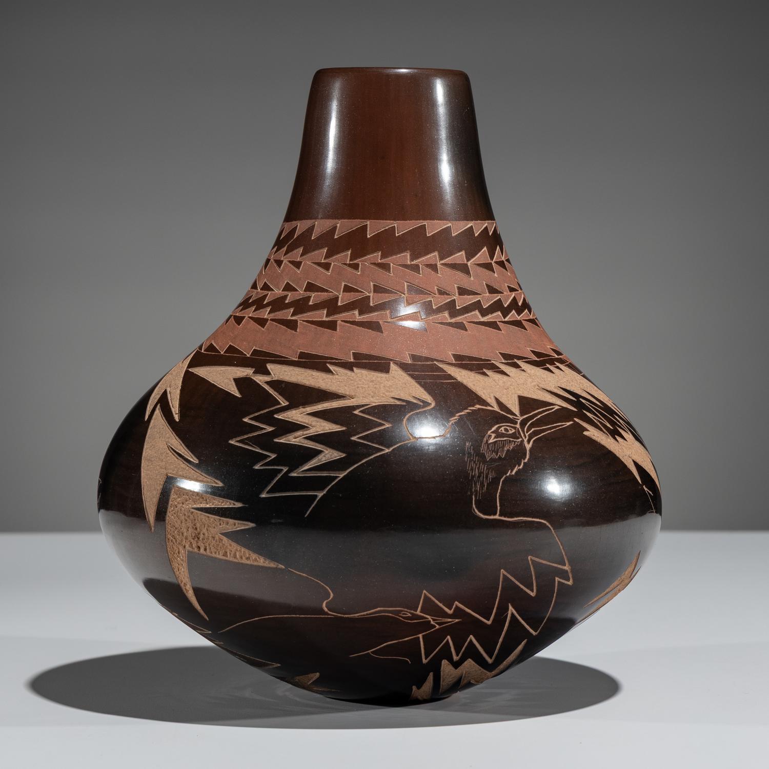 Three-Toned Sgraffito Pottery Jar, with Birds and Lightning