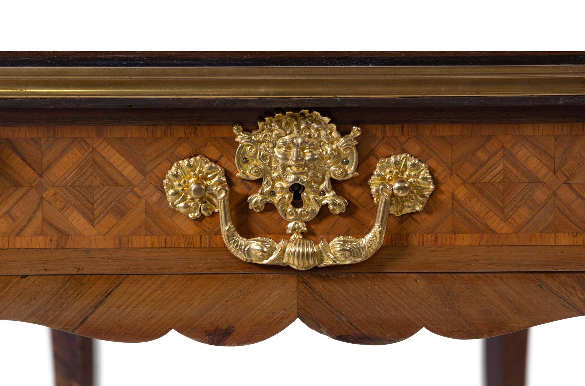 A Neoclassical Gilt Bronze Mounted Parquetry Hexagonal Center Table