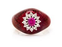 An 18 Karat Yellow Gold, Ruby, Diamond and Enamel Ring, 7.90 dwts.