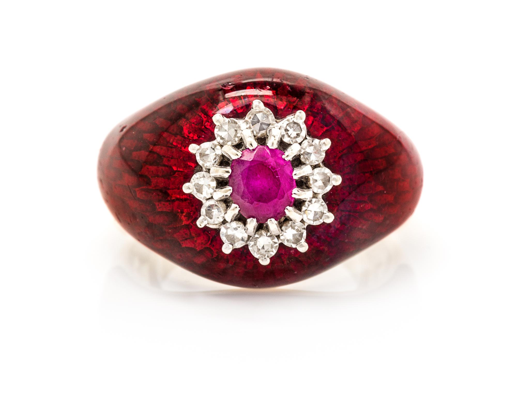 An 18 Karat Yellow Gold, Ruby, Diamond and Enamel Ring, 7.90 dwts.