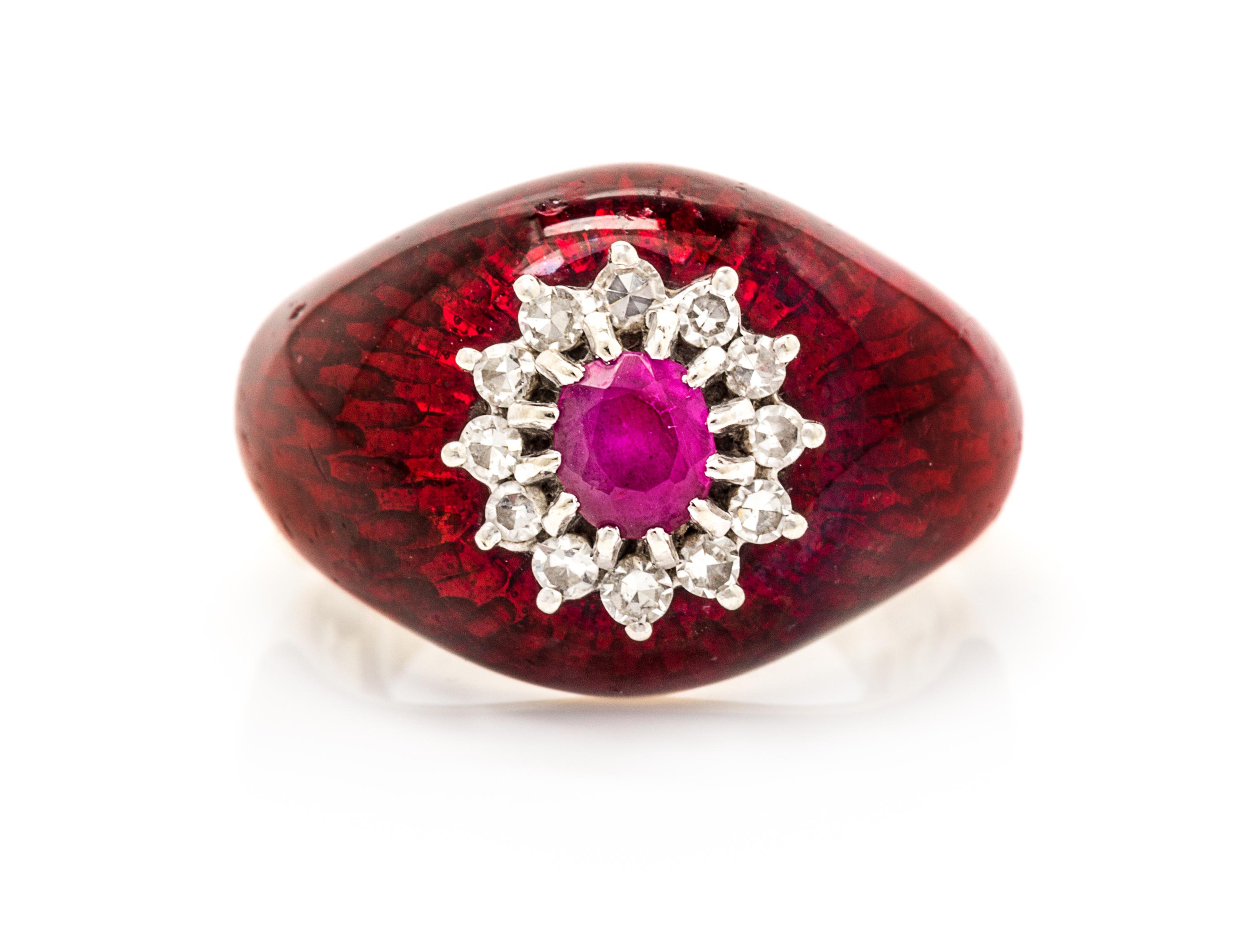 An 18 Karat Yellow Gold, Ruby, Diamond and Enamel Ring, 7.90 dwts.