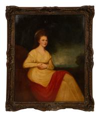 Portrait of a lady, seated three-quarter length, in a cream dress and red wrap