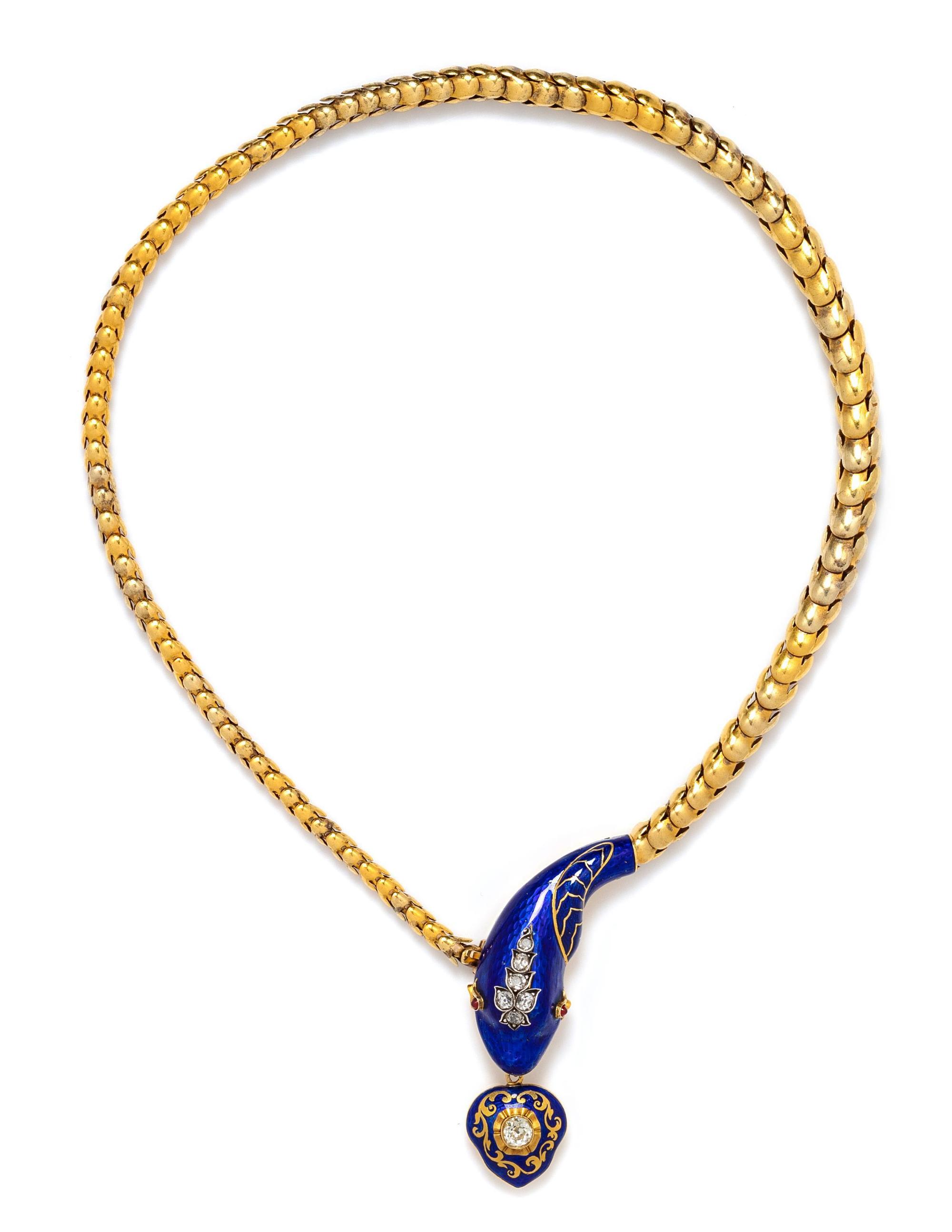Victorian, Enamel and Diamond Snake Necklace