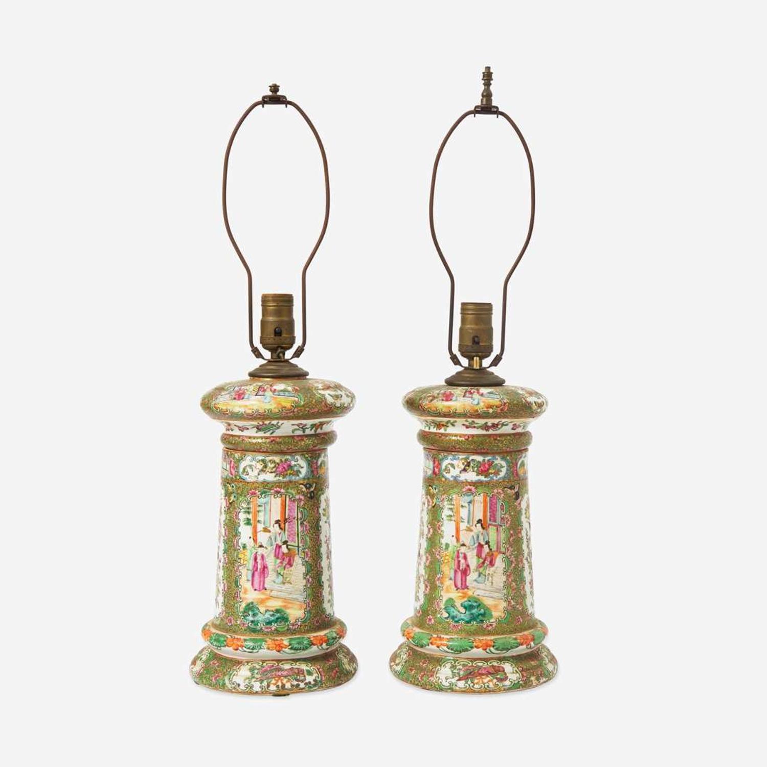 A pair of Chinese Export porcelain Rose Medallion palette jars fitted as lamps 19th century