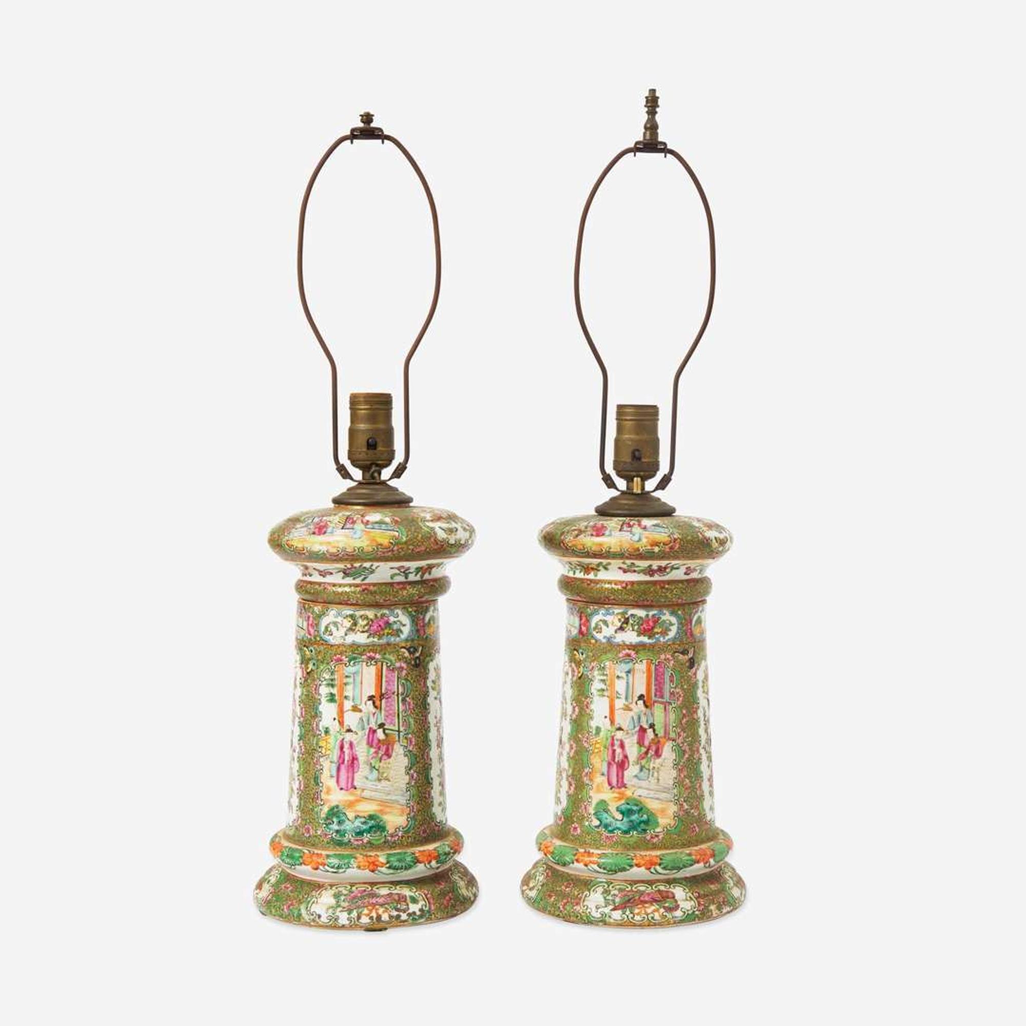 A pair of Chinese Export porcelain Rose Medallion palette jars fitted as lamps 19th century