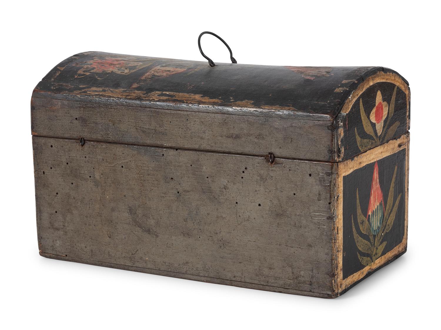 A Polychrome Paint Decorated Maple and Pressed Tin Mounted Dome Top Document Box