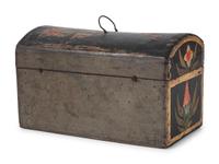 A Polychrome Paint Decorated Maple and Pressed Tin Mounted Dome Top Document Box