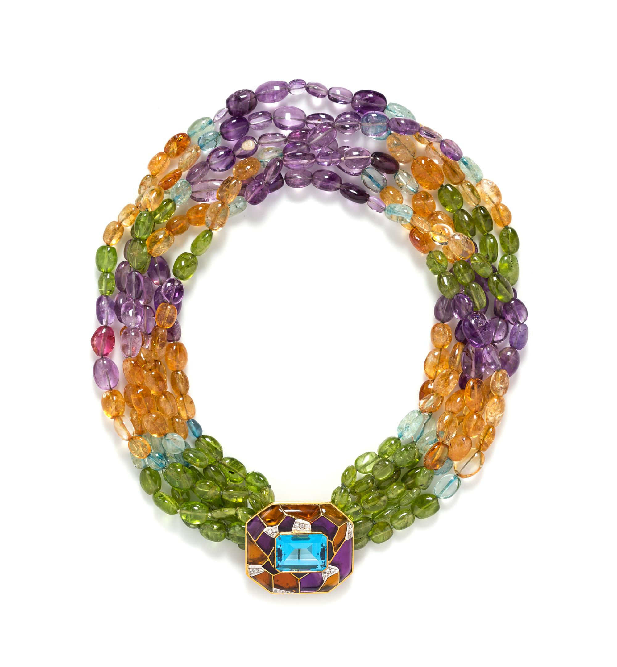 An 18 Karat Yellow Gold, Polychrome Enamel, Diamond and Multi Gem Necklace, 26.30 dwts. (brooch only)