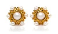 A Pair of 18 Karat Yellow Gold and Cultured Pearl Earclips, 23.30 dwts.