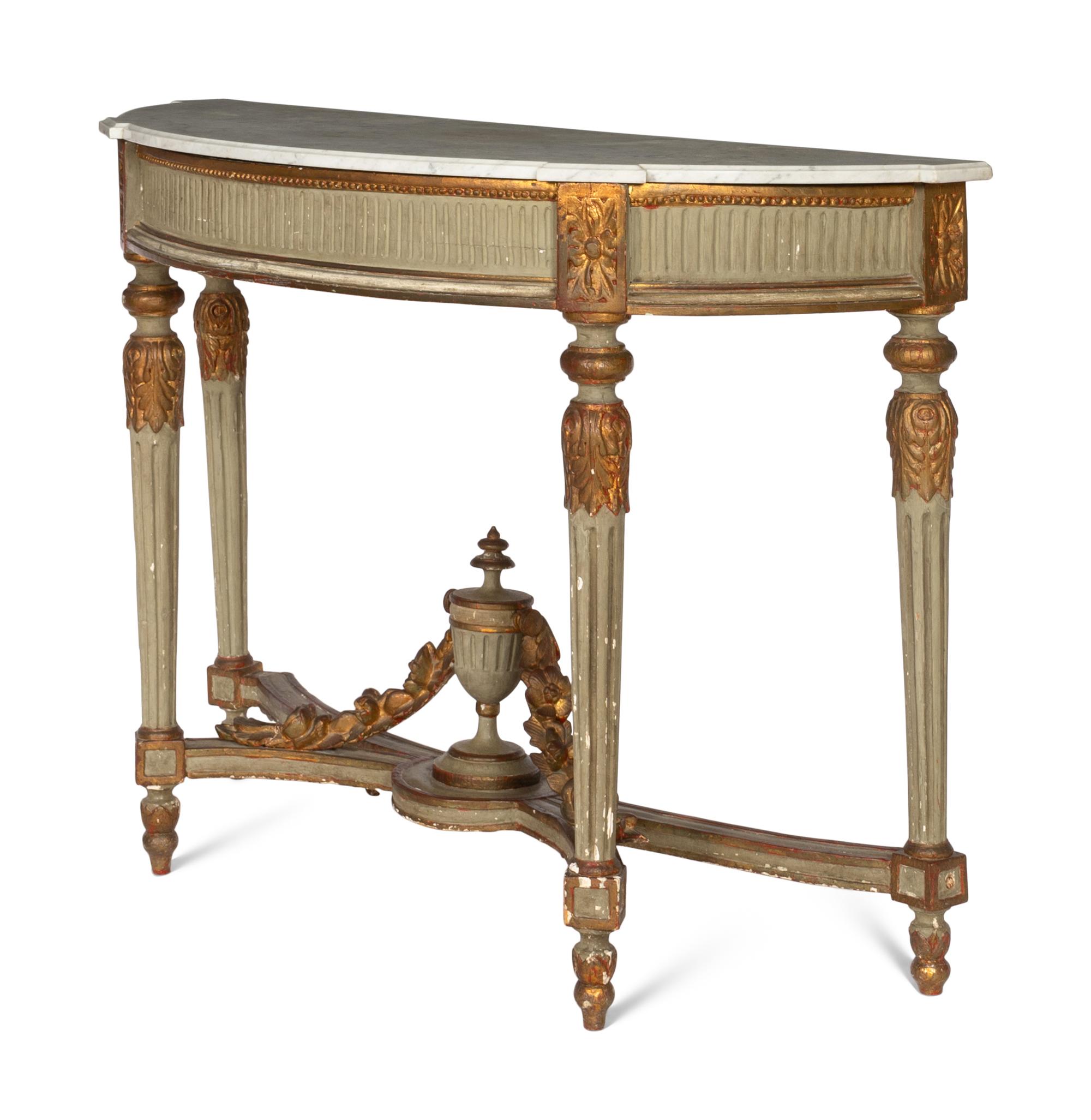 An Italian Neoclassical Gray-Painted and Parcel Gilt Console Table with Marble Top