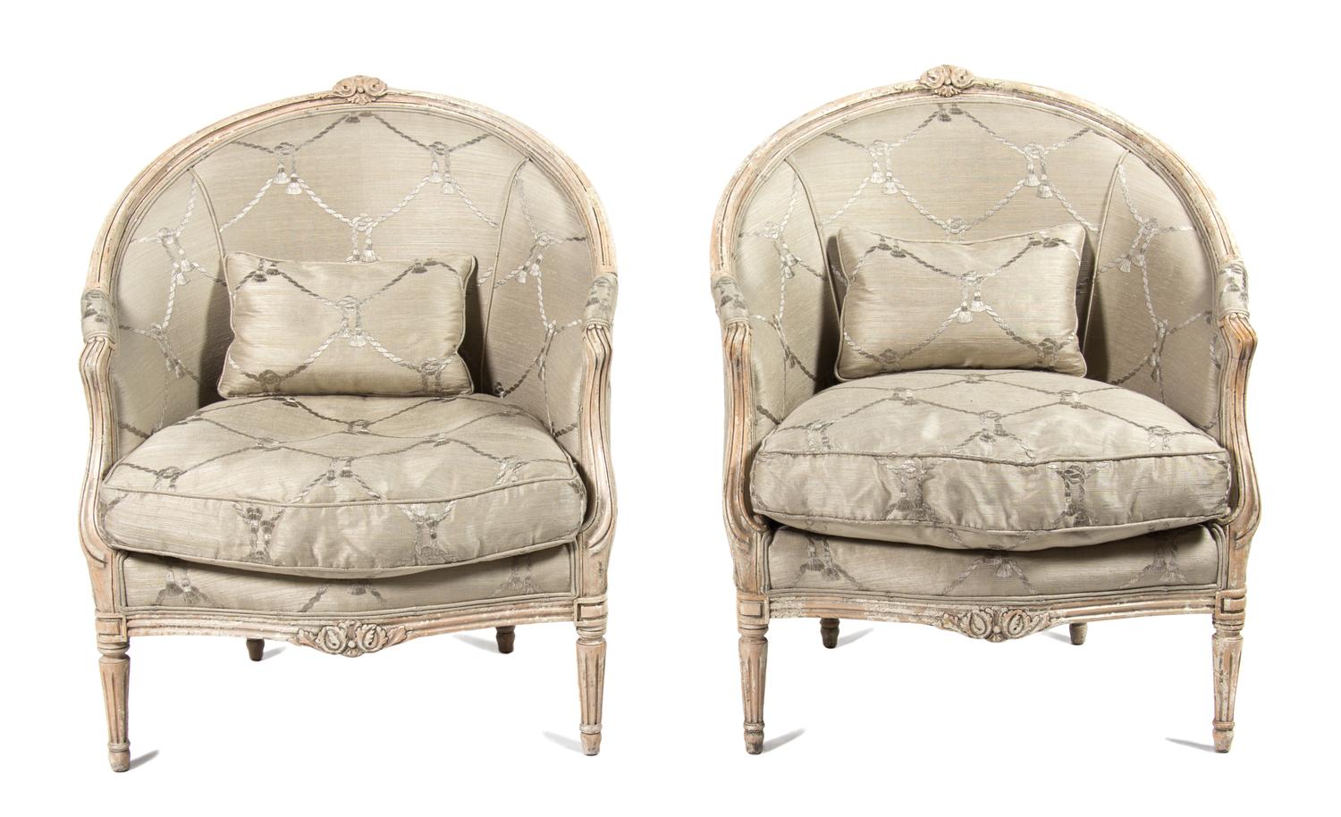 A Pair of Louis XVI Style Painted Bergeres Height 39 inches. — 20TH CENTURY