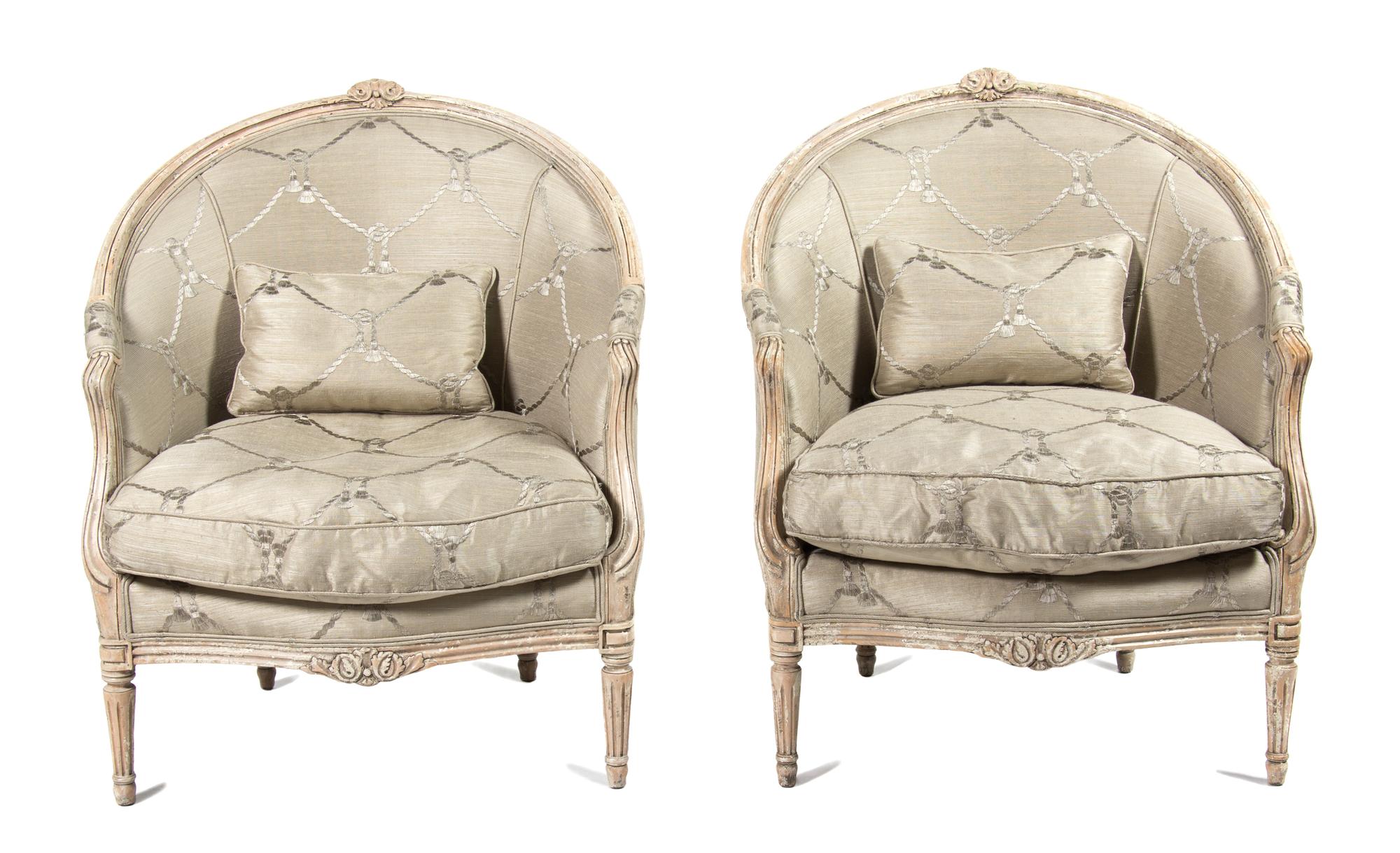 A Pair of Louis XVI Style Painted Bergeres Height 39 inches. — 20TH CENTURY