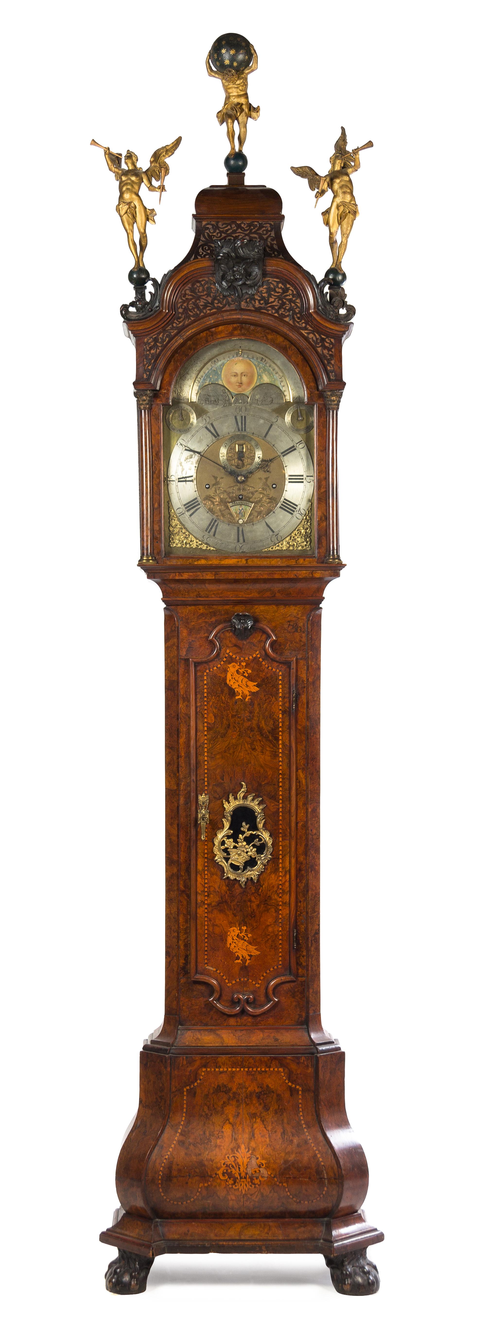 A Dutch Marquetry Burl Walnut Tall Case Clock Height overall 116 1/2 inches. — J.P. KROESE, AMSTERDAM, MID-18TH CENTURY