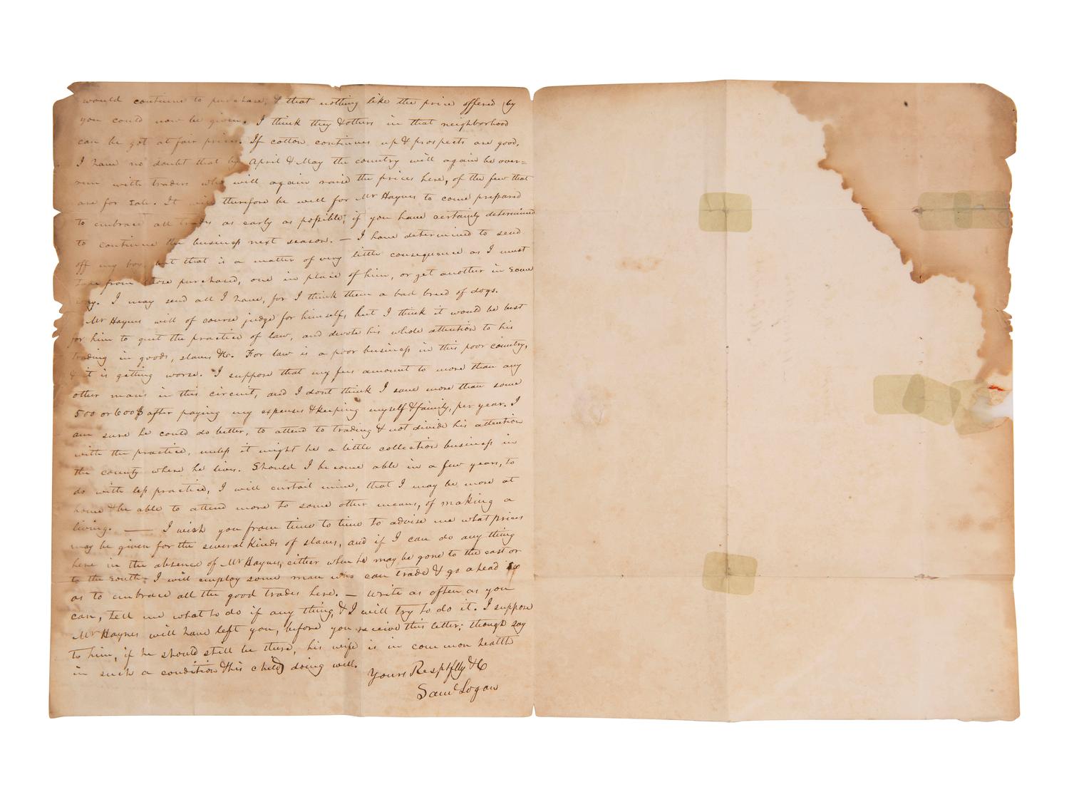 [ENSLAVEMENT]. 2 letters to slave trader Joseph Meek regarding the current market. Virginia, 1835.