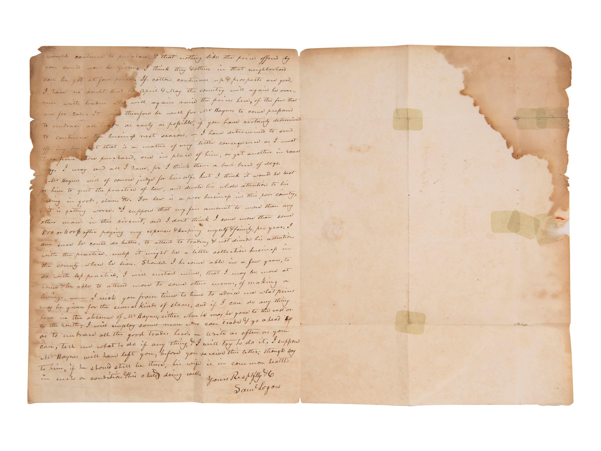 [ENSLAVEMENT]. 2 letters to slave trader Joseph Meek regarding the current market. Virginia, 1835.
