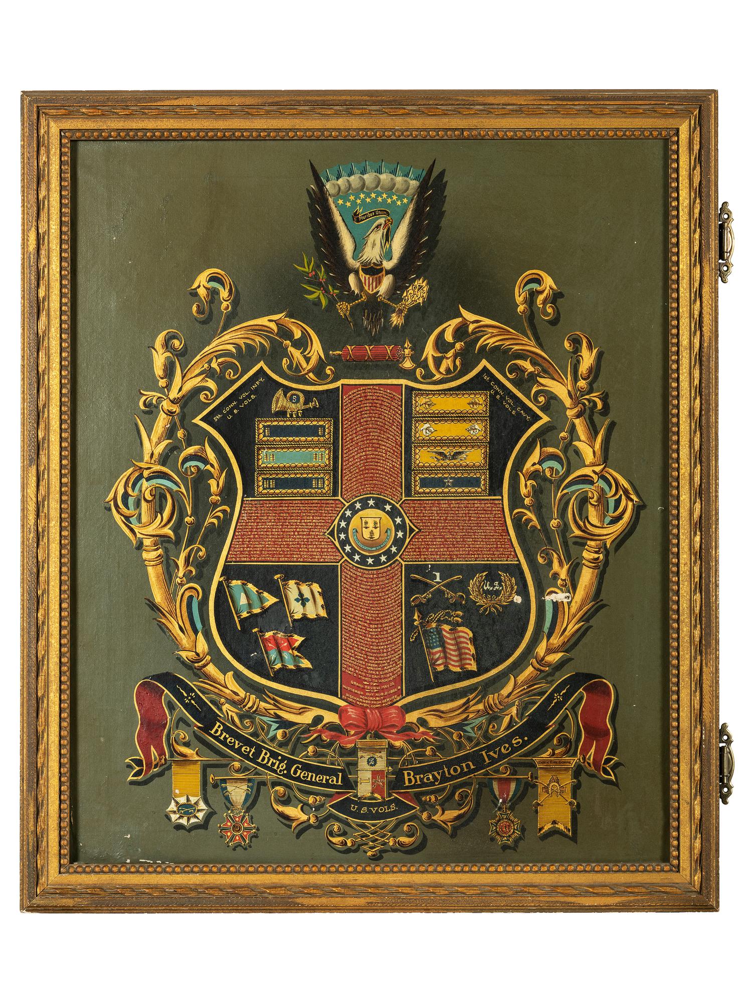 [CIVIL WAR]. Painted escutcheon identified to Brevet Brigadier General Brayton Ives, 5th Connecticut Infantry and 1st Connecticut Cavalry.
