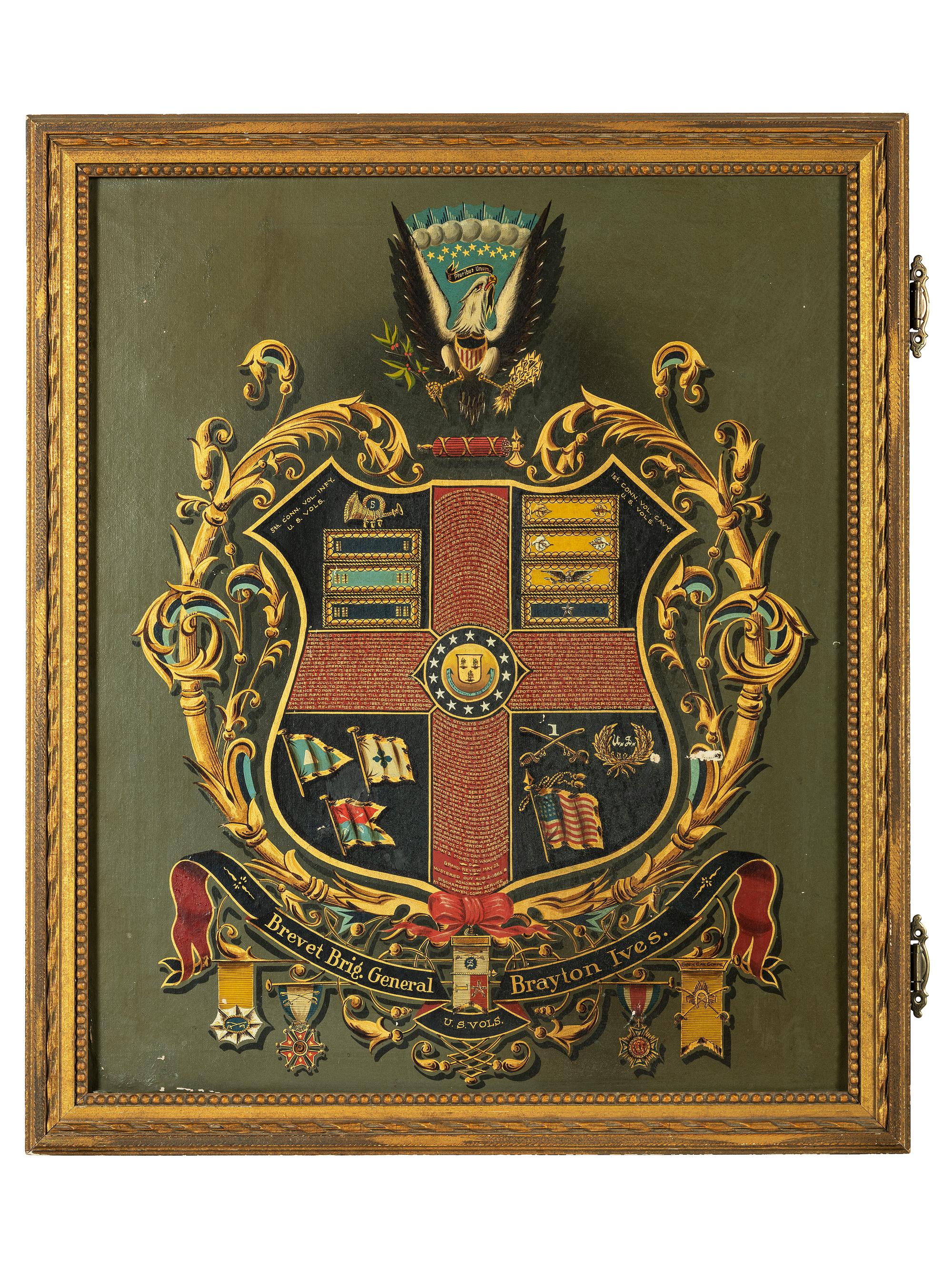 [CIVIL WAR]. Painted escutcheon identified to Brevet Brigadier General Brayton Ives, 5th Connecticut Infantry and 1st Connecticut Cavalry.