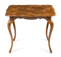 A Continental Parquetry Occasional Table. Height 26 1/4 x width 32 x depth 22 inches.