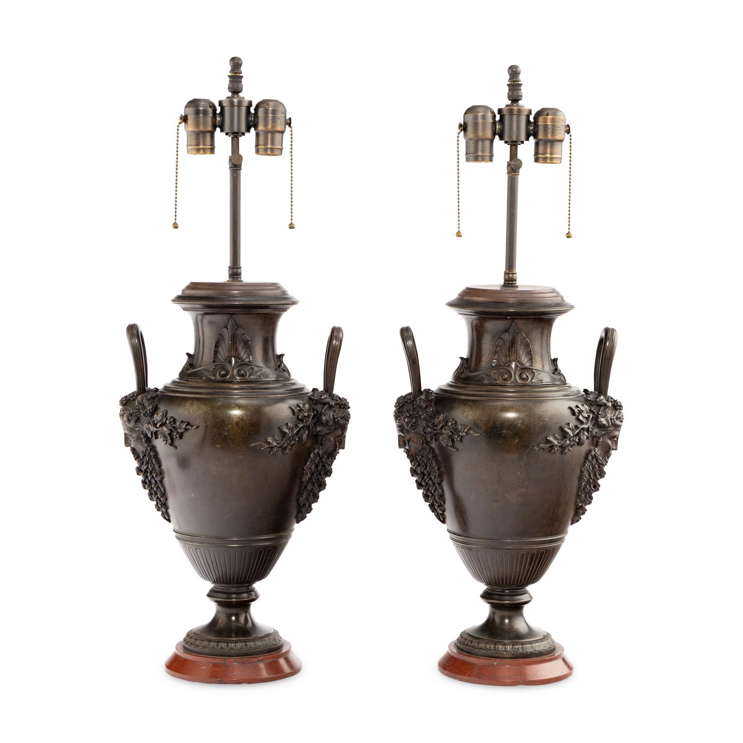 A Pair of Neoclassical Style Patinated Bronze and Rouge Griotte Marble Urns Mounted as Lamps