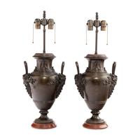 A Pair of Neoclassical Style Patinated Bronze and Rouge Griotte Marble Urns Mounted as Lamps
