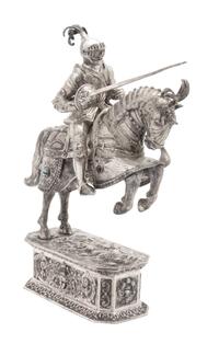 A German Hanau Silver Knight Mounted on Horseback, 19TH CENTURY, the horse armor mounted with agate cabochons.