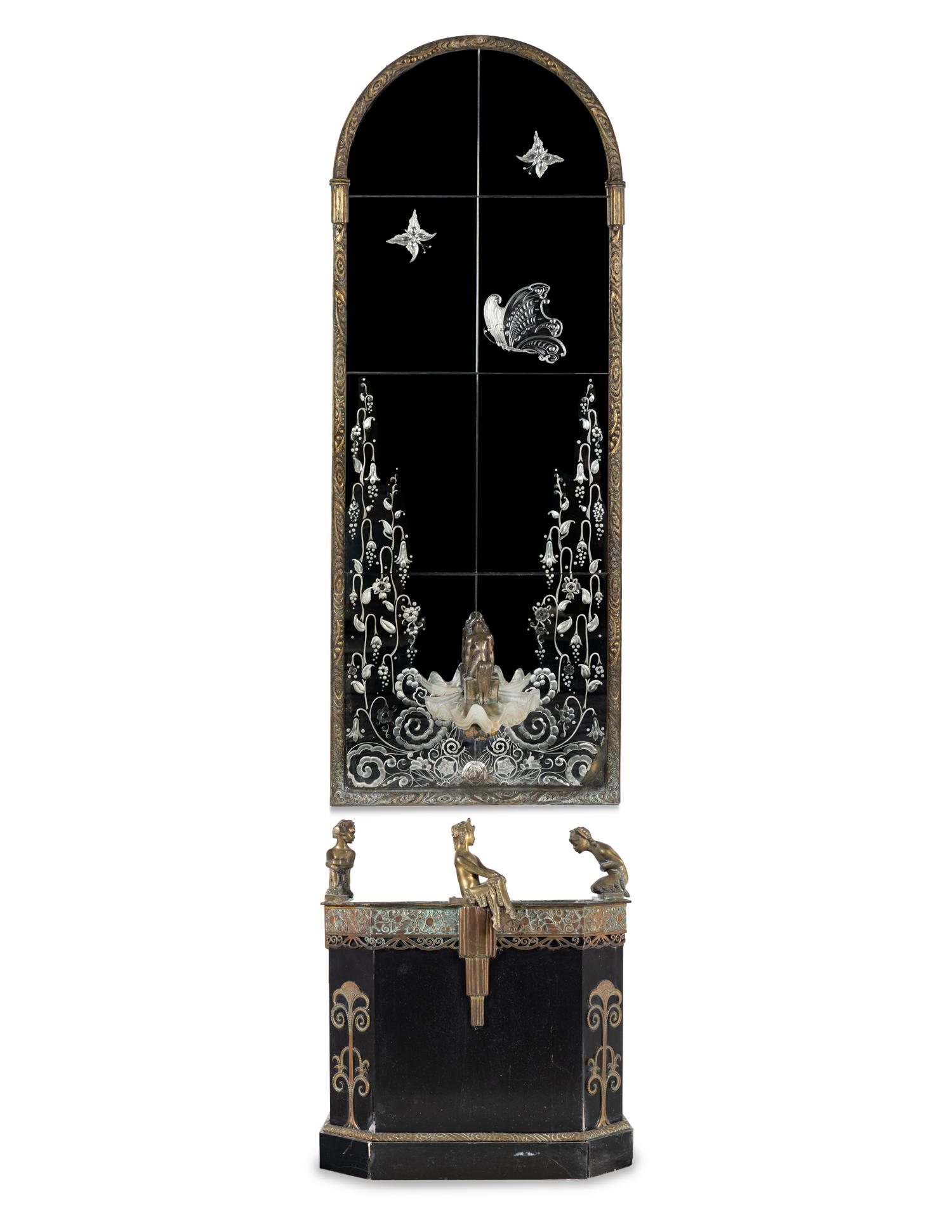 A French Art Deco Bronze-Mounted Marble Fountain and Pier Mirror