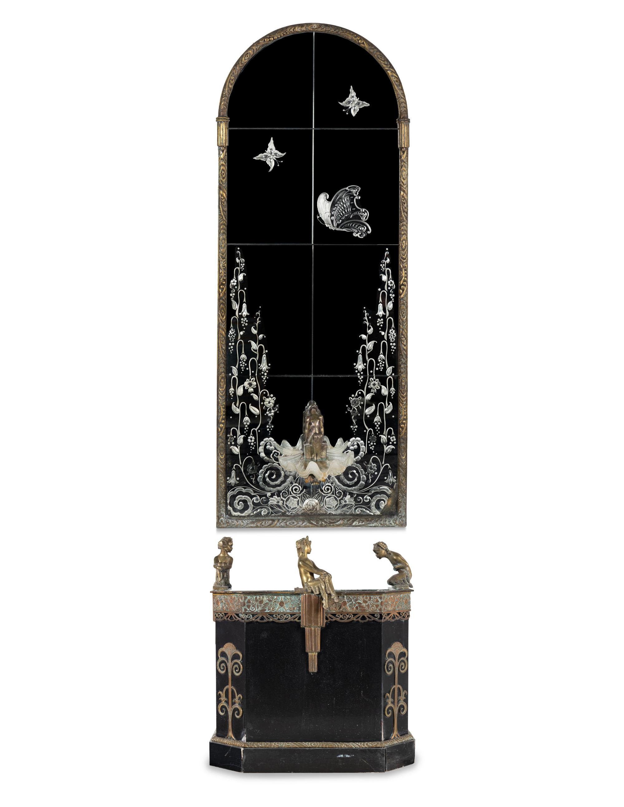 A French Art Deco Bronze-Mounted Marble Fountain and Pier Mirror