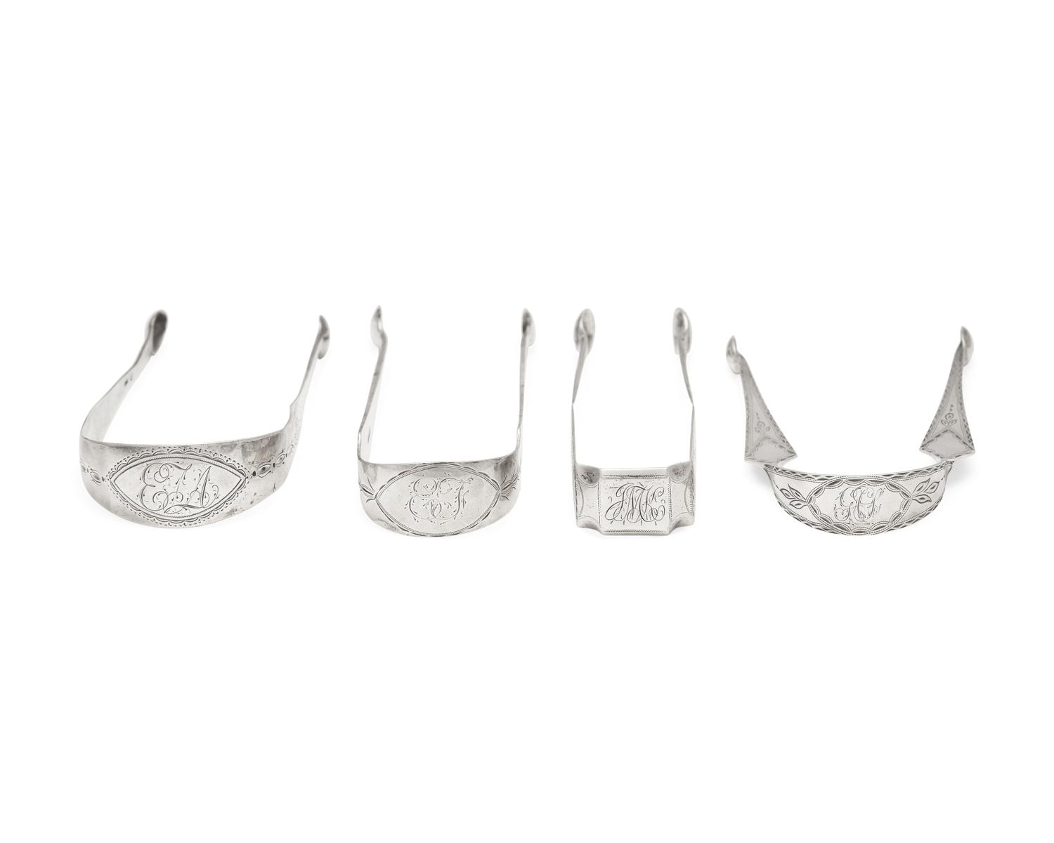A Group of Four Federal Bright-Cut Silver Sugar Tongs