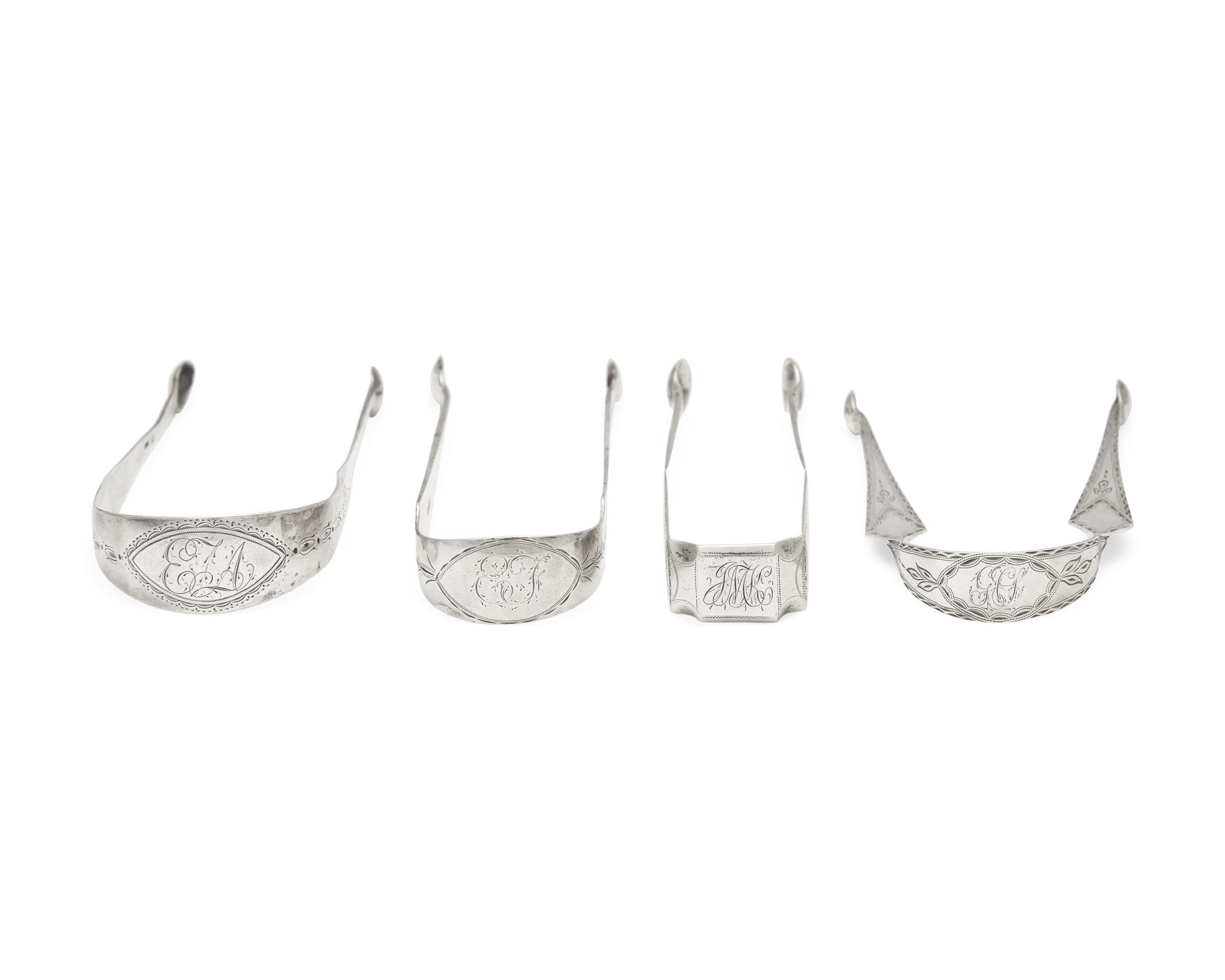 A Group of Four Federal Bright-Cut Silver Sugar Tongs