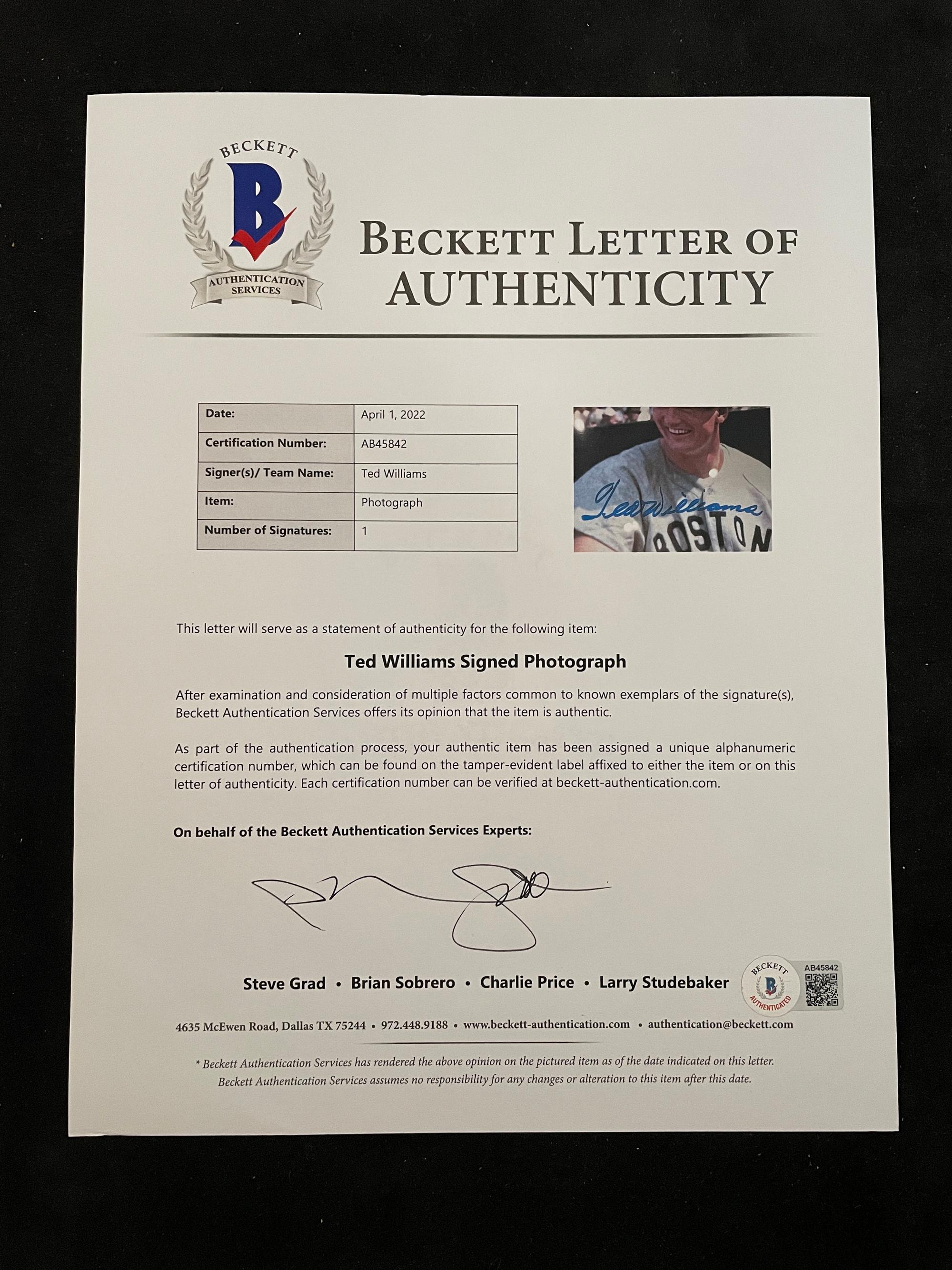 A Stunning Ted Williams Signed Autographed Large Format Photo With Babe Ruth (Beckett Authentication Services Letter BAS Certified),