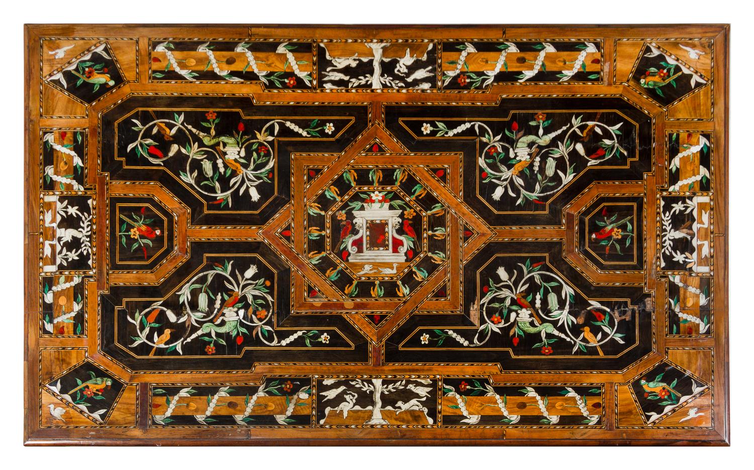 A Louis XIII Style Marquetry and Walnut Table Height 29 1/2 x width 51 1/2 x depth 31 1/2 inches. — 19TH CENTURY
