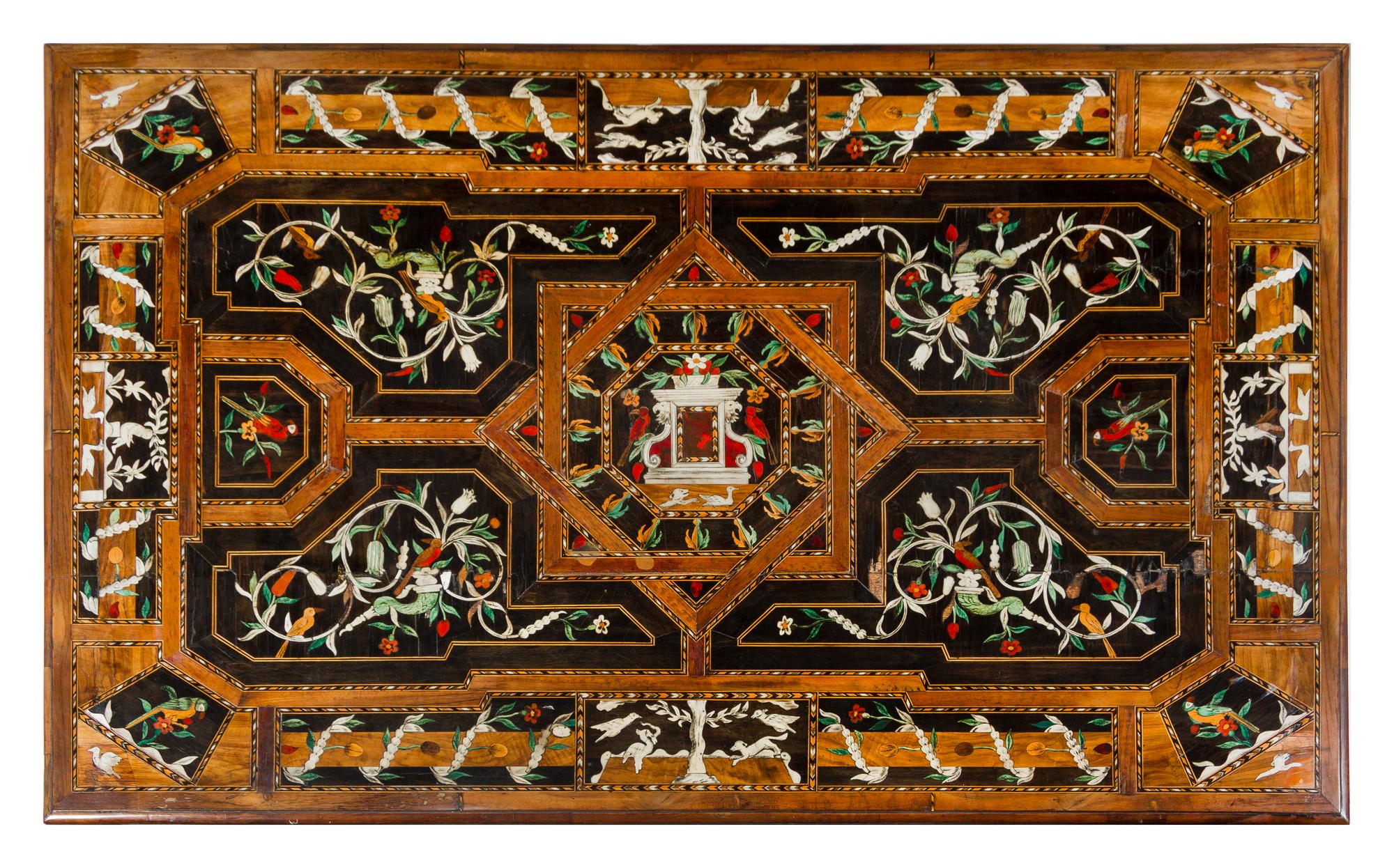 A Louis XIII Style Marquetry and Walnut Table Height 29 1/2 x width 51 1/2 x depth 31 1/2 inches. — 19TH CENTURY