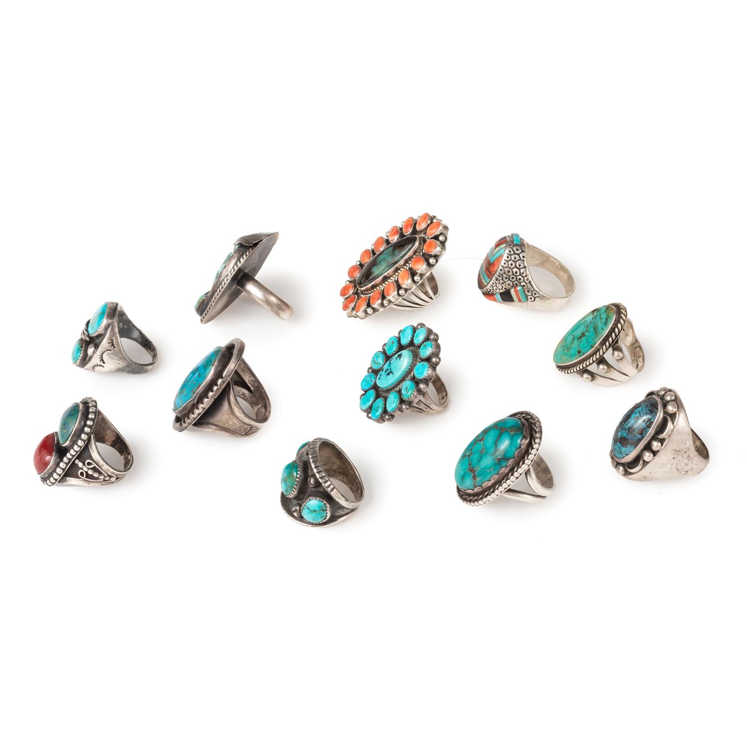 Group of Navajo Silver Rings, with Inlay
