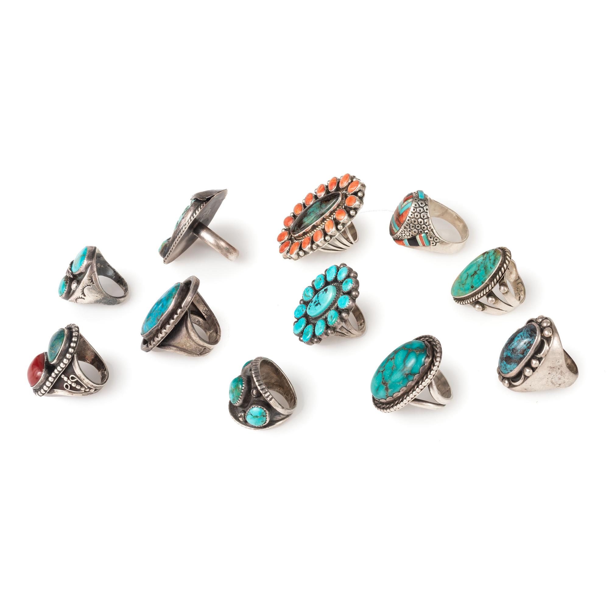 Group of Navajo Silver Rings, with Inlay
