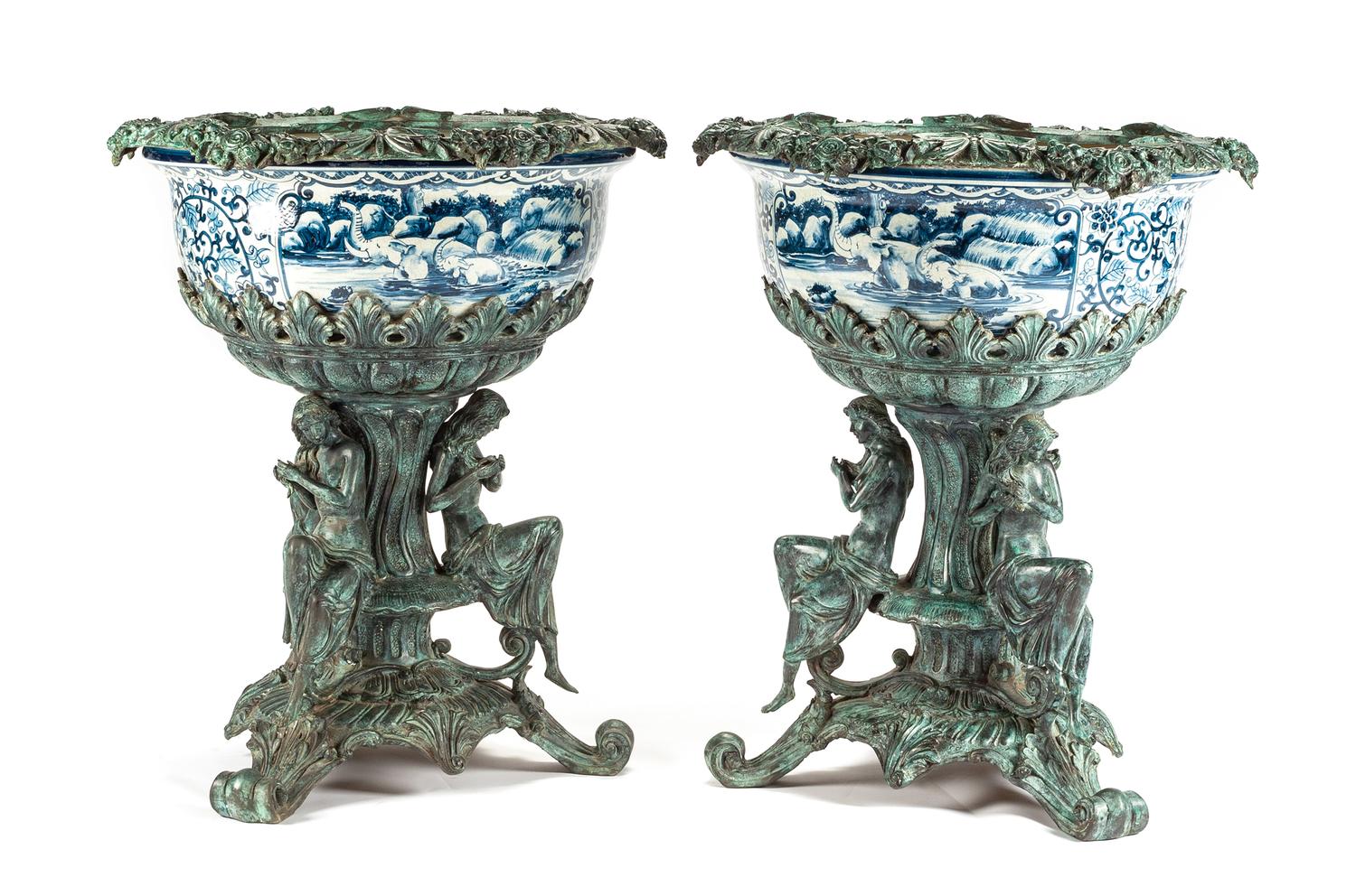 A Pair of Cast Metal Mounted Chinese Porcelain Jardinieres Height 32 1/2 inches.