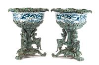 A Pair of Cast Metal Mounted Chinese Porcelain Jardinieres Height 32 1/2 inches.