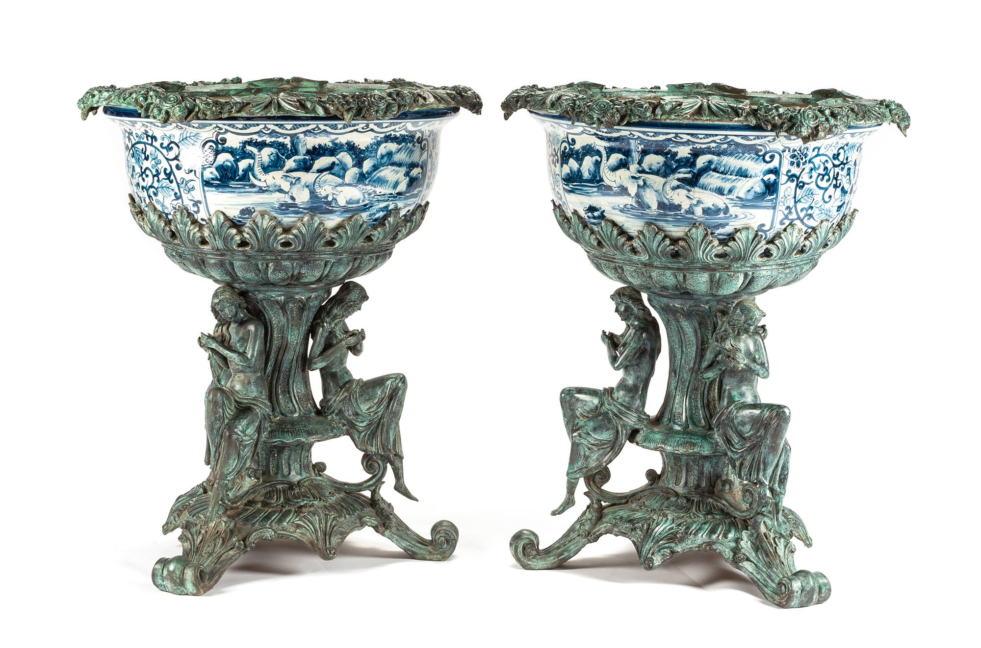 A Pair of Cast Metal Mounted Chinese Porcelain Jardinieres Height 32 1/2 inches.
