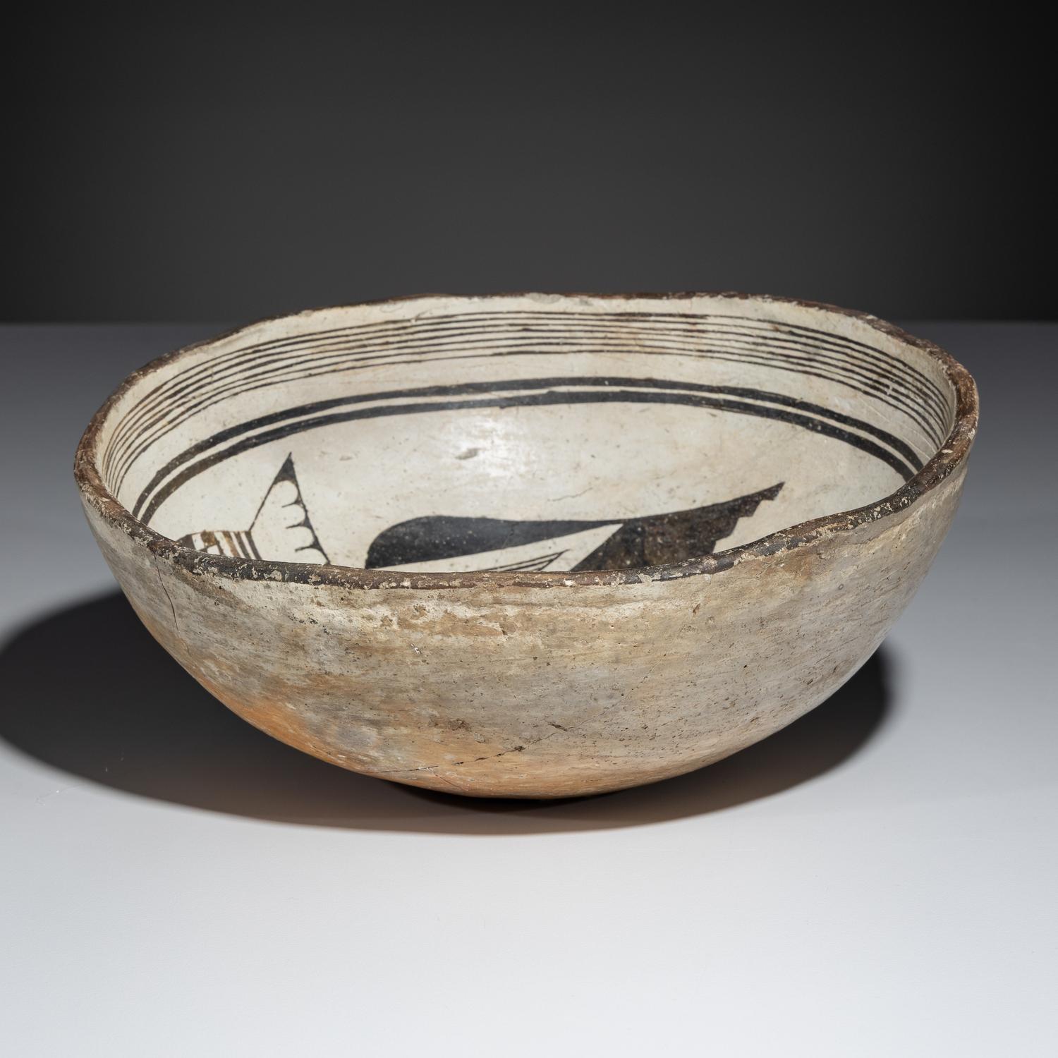 Ancestral Pueblo, Mimbres Black-on-White Pottery Bowl, Transformational Fish