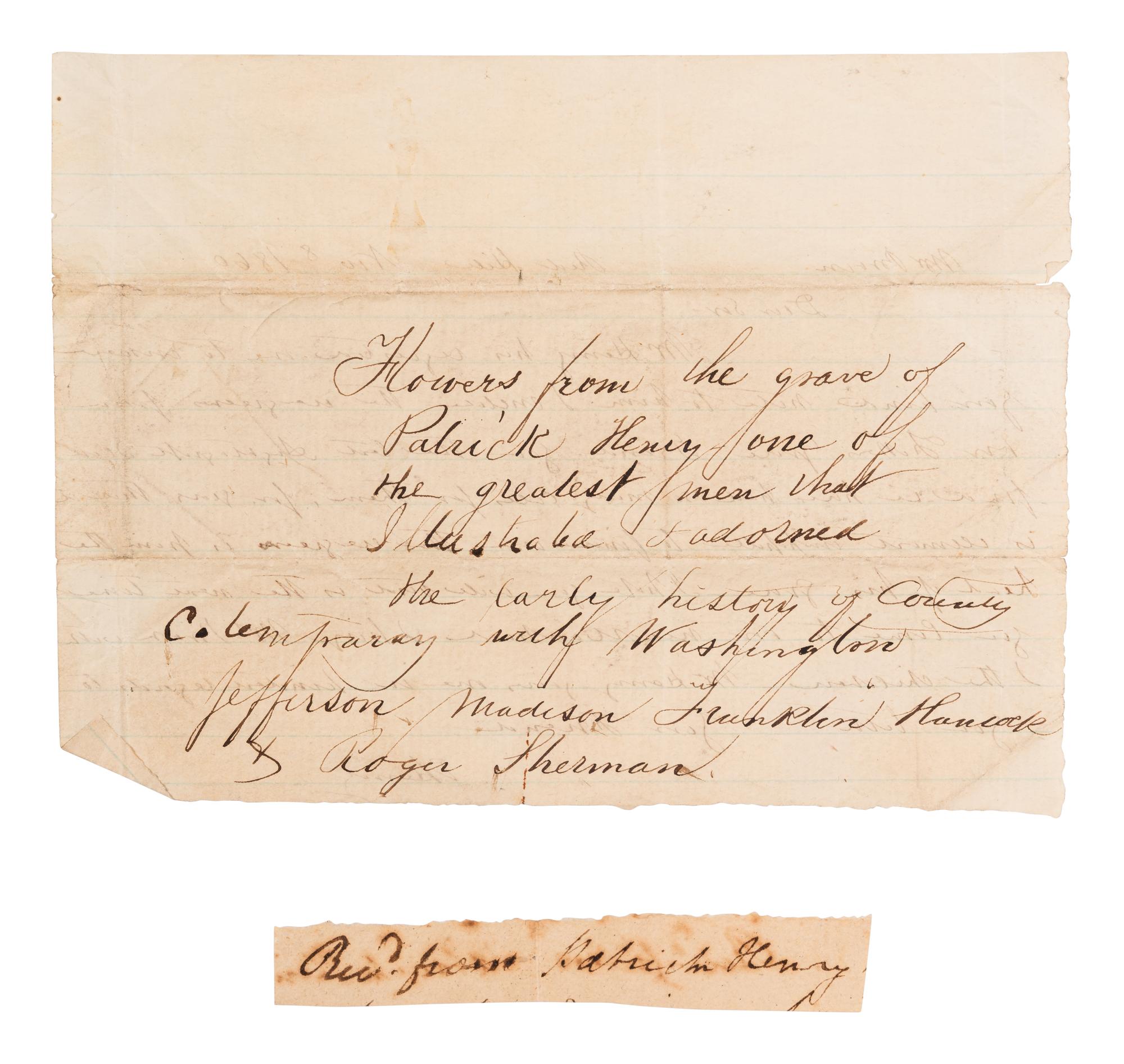 [FILLMORE, Millard (1800-1874) -- AUTOGRAPH ALBUM]. An autograph album, ca 1850s-1870s, assembling more than190 inscriptions, signatures, mounted signatures or letters by various American Presidents, statesmen, missionaries and prominent figures, including: James A. Garfield (inscription: “James A. Garfield / June 1868. Hiram, Ohio”), Millard Fillmore (inscription: “Millard Fillmore / Washington City May 28. 1852”), Daniel Webster (mounted inscription and letter), Henry Clay, William Seward (clipped signature), Jefferson Davis (clipped signature), Patrick Henry (clipped signature laid in loose, with a note containing dried flowers from his grave and related note), Henry Ward Beecher (inscription), Bayard Taylor (letter), Samuel F. B. Morse (inscription), Edwin E. Bliss, Hannibal Hamlin, and numerous others.