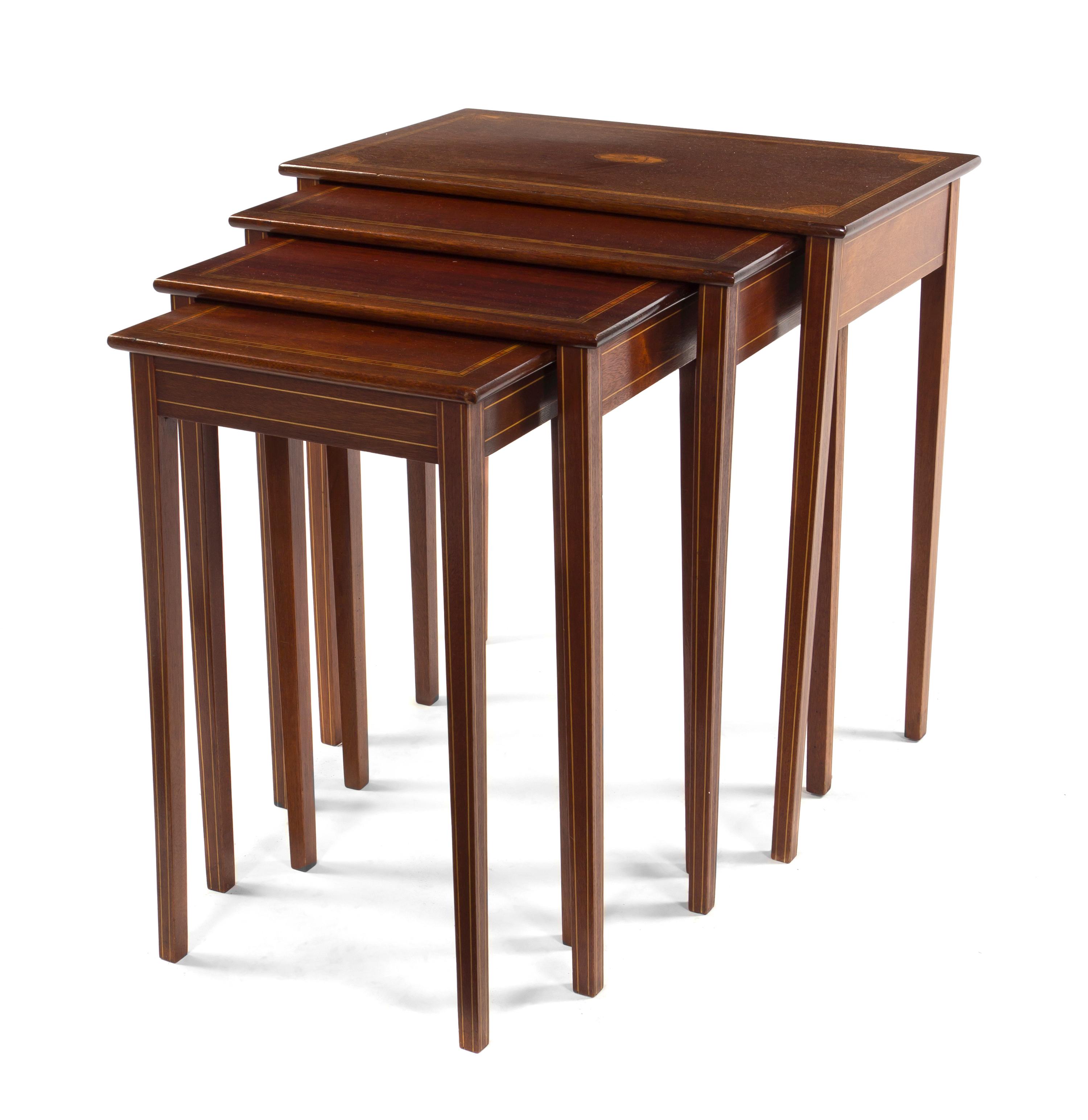 A Set of Four Mahogany Nesting Tables, Height of tallest 23 1/4 x width 22 1/2 x depth 13 7/8 inches.