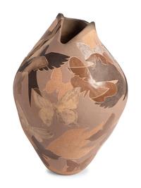 Carved Pottery Jar, with Birds and Butterflies