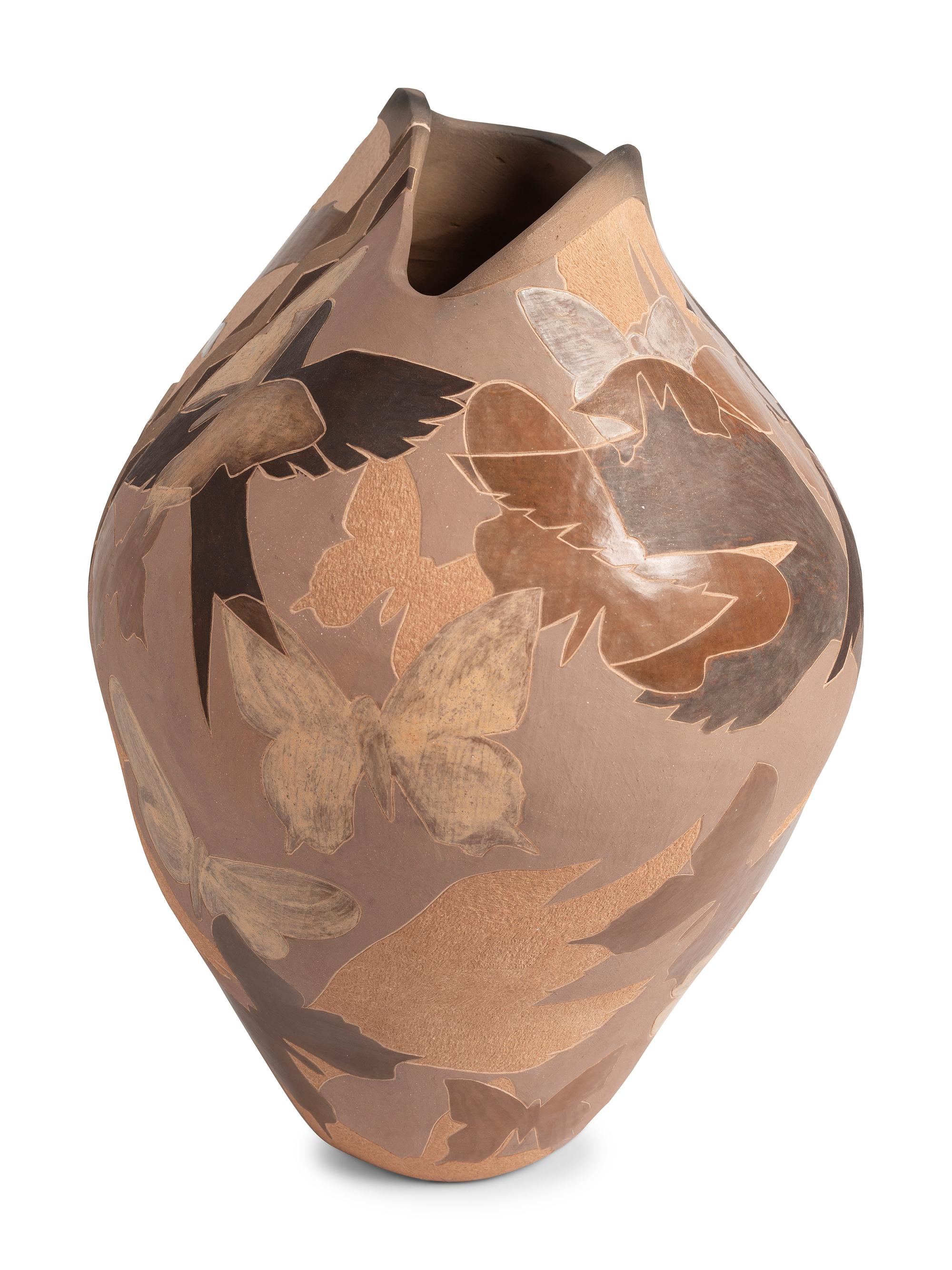 Carved Pottery Jar, with Birds and Butterflies