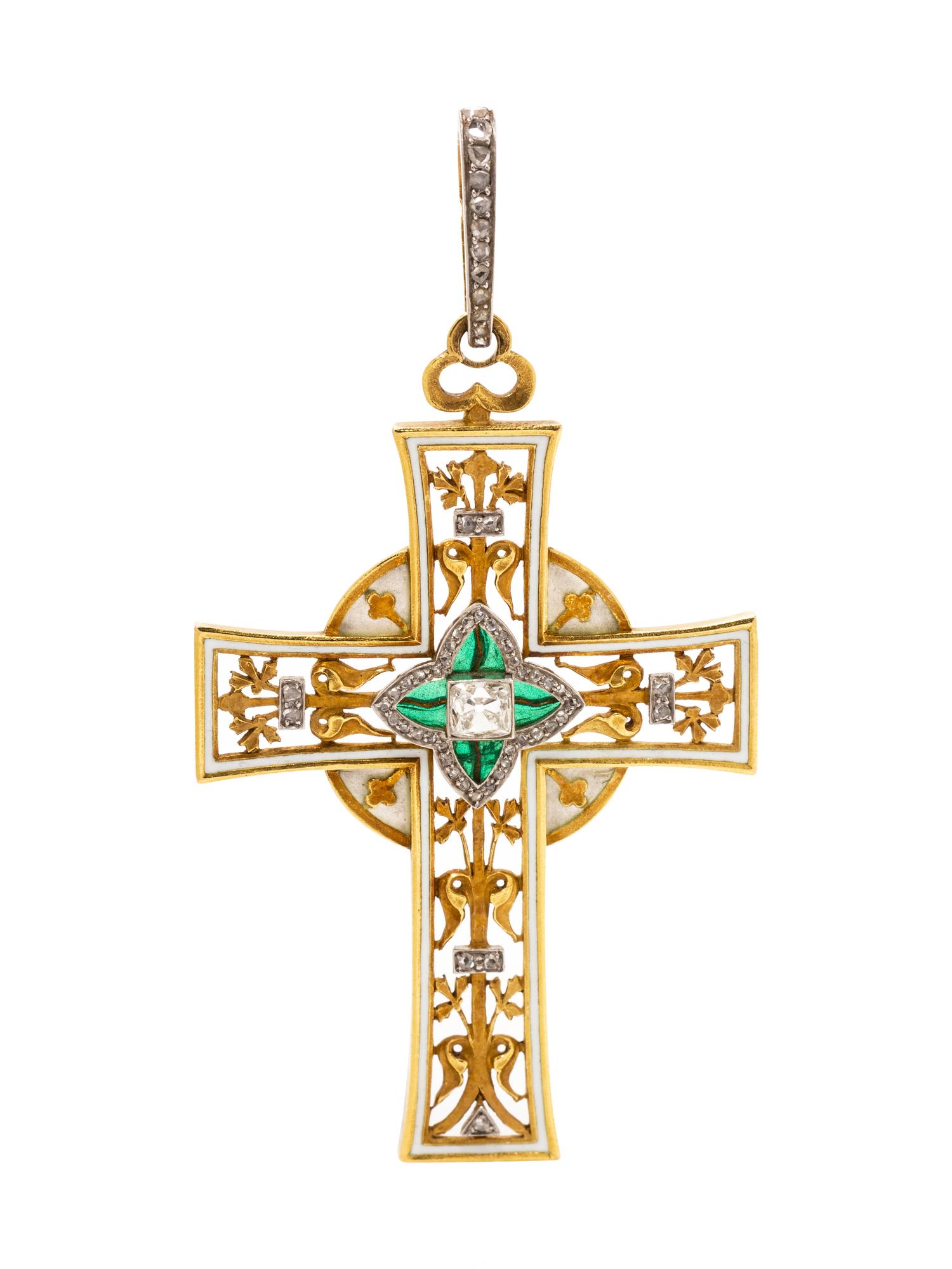 A Belle Epoque 18 Karat Yellow Gold, Platinum, Diamond and Polychrome Enamel Cross Pendant, Lucien Gautrait,