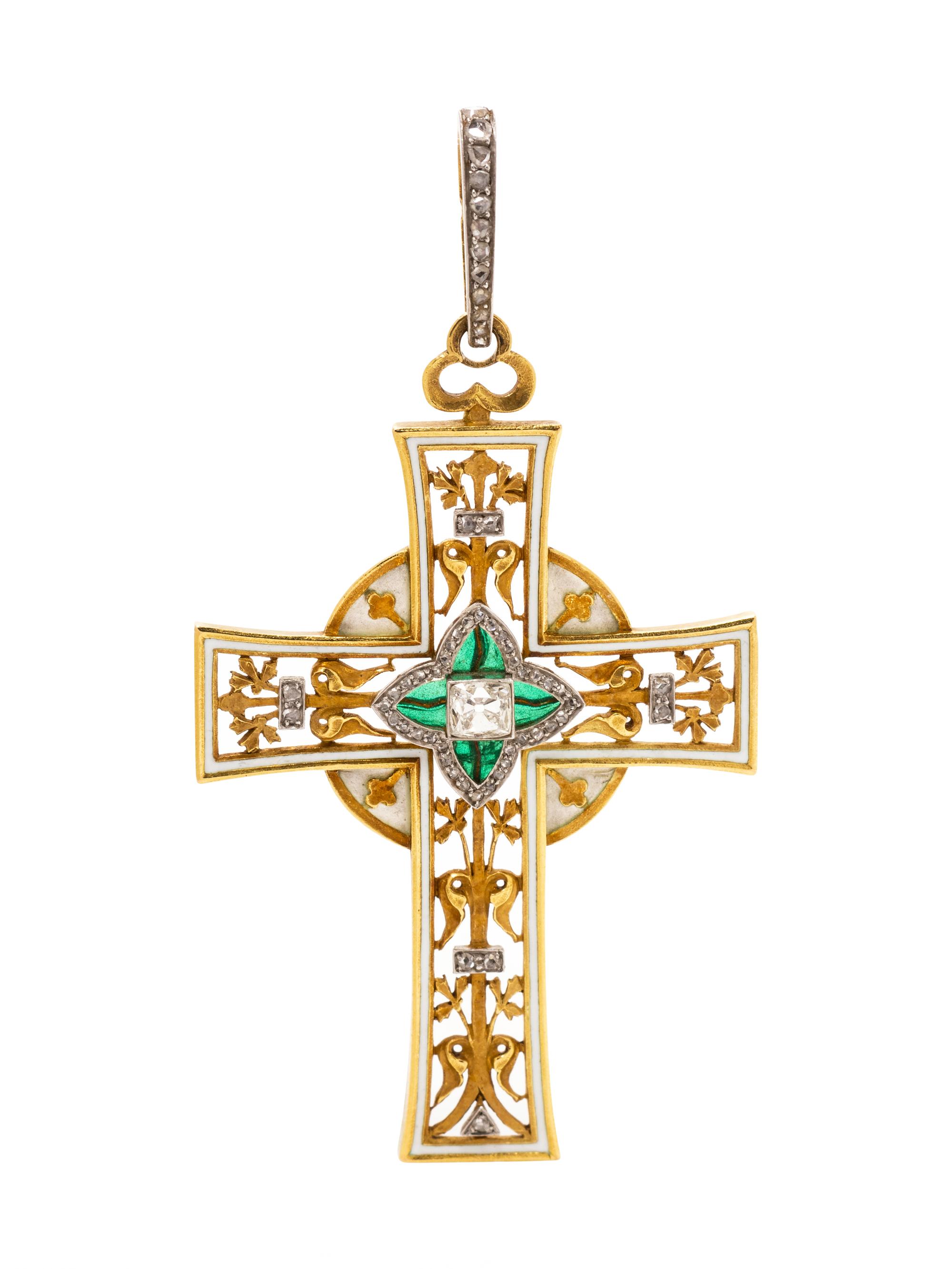 A Belle Epoque 18 Karat Yellow Gold, Platinum, Diamond and Polychrome Enamel Cross Pendant, Lucien Gautrait,