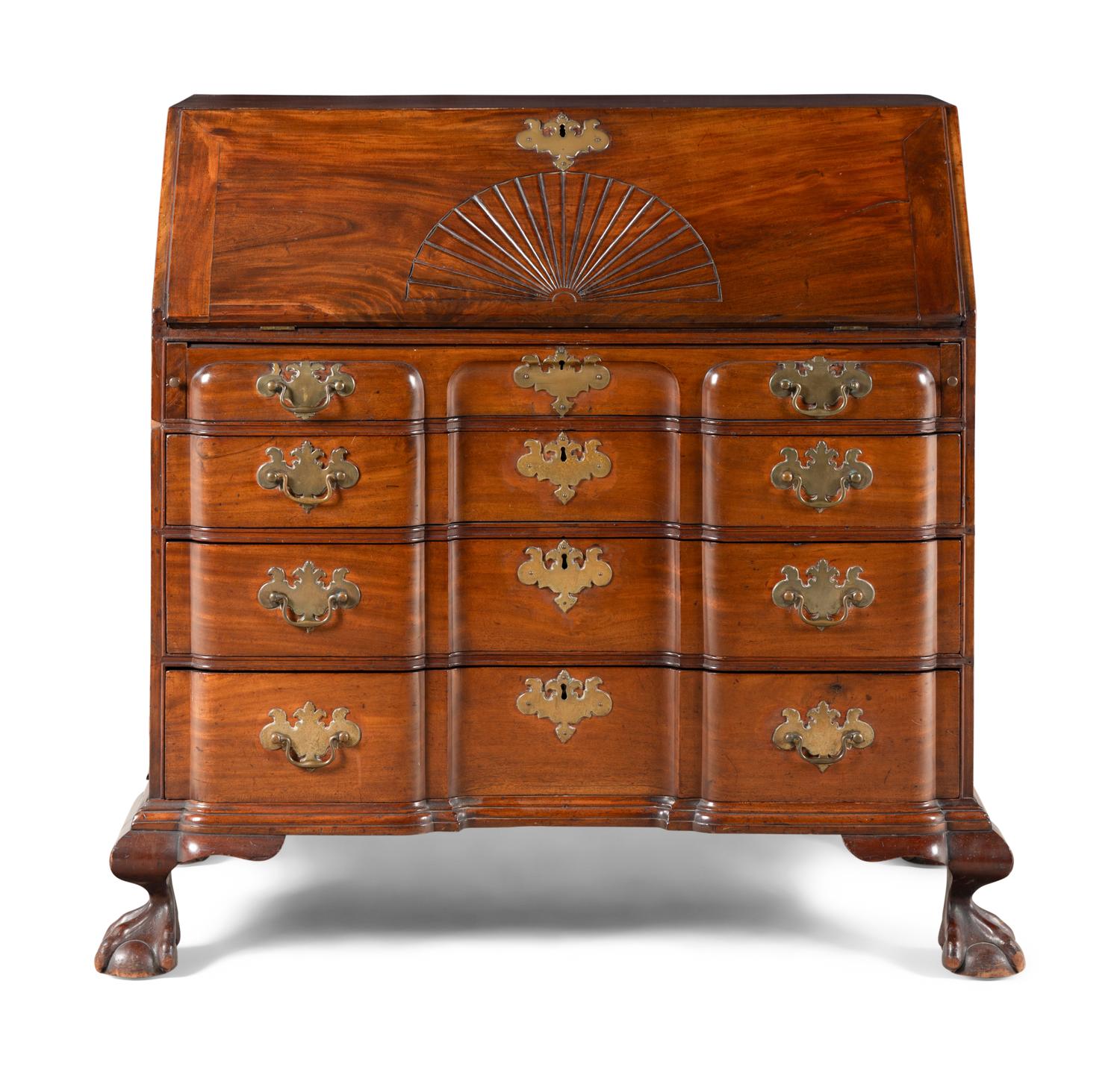 A Chippendale Style Mahogany Block-Front Claw and Ball Foot Slant-Front Desk