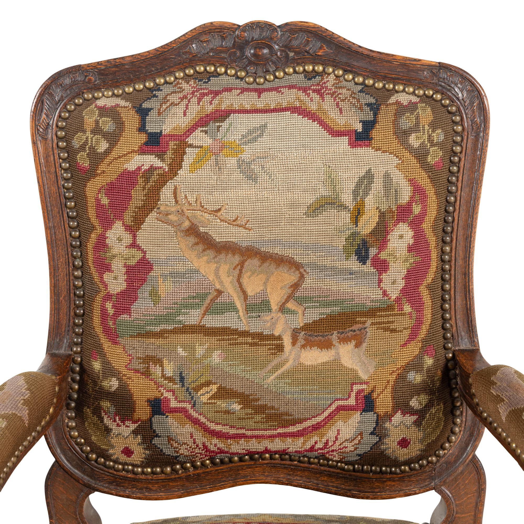 A Pair of Louis XV Style Needlepoint-Upholstered Fauteuils