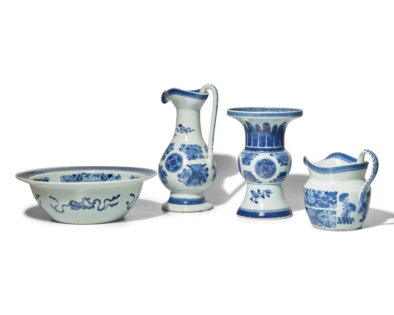 A Chinese Export Porcelain Blue Fitzhugh Basin, Ewer, Vase, and Pitcher