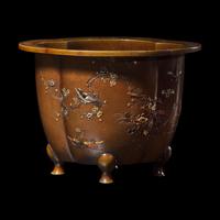 A Japanese Inlaid and Patinated Bronze Small Jardiniere by Inoue of Kyoto, Meiji Period 日本明治時期 井上製金銀象嵌花卉圖海棠式盆