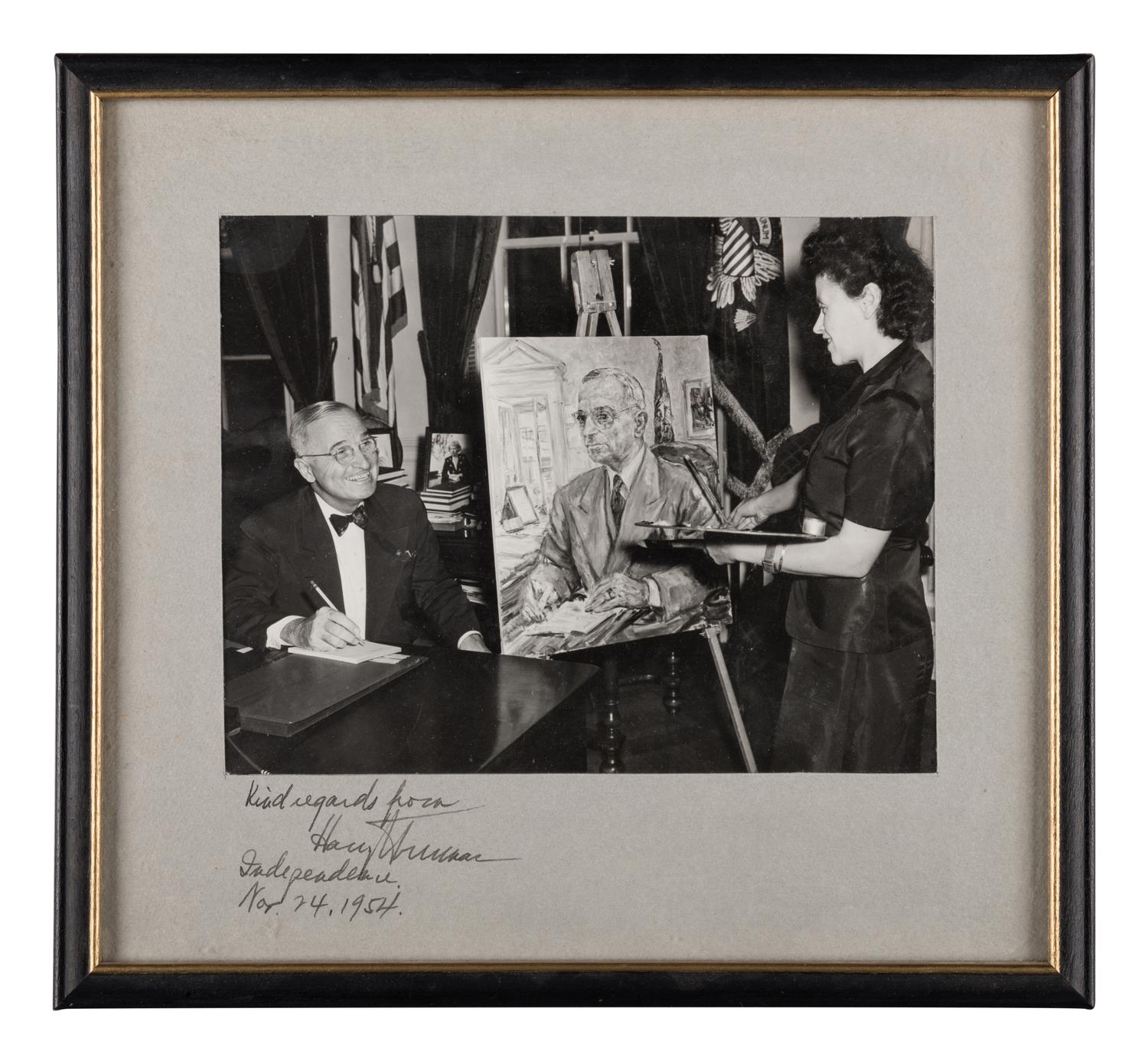 [KAUFMAN, Enit Zerner (1897-1961)] – [TRUMAN, Harry S. (1884-1972)] – Photograph signed and inscribed on mat ("Harry Truman.”), as former United States President to Enit Zerner KAUFMAN. Independence, Missouri: 24 November 1954.