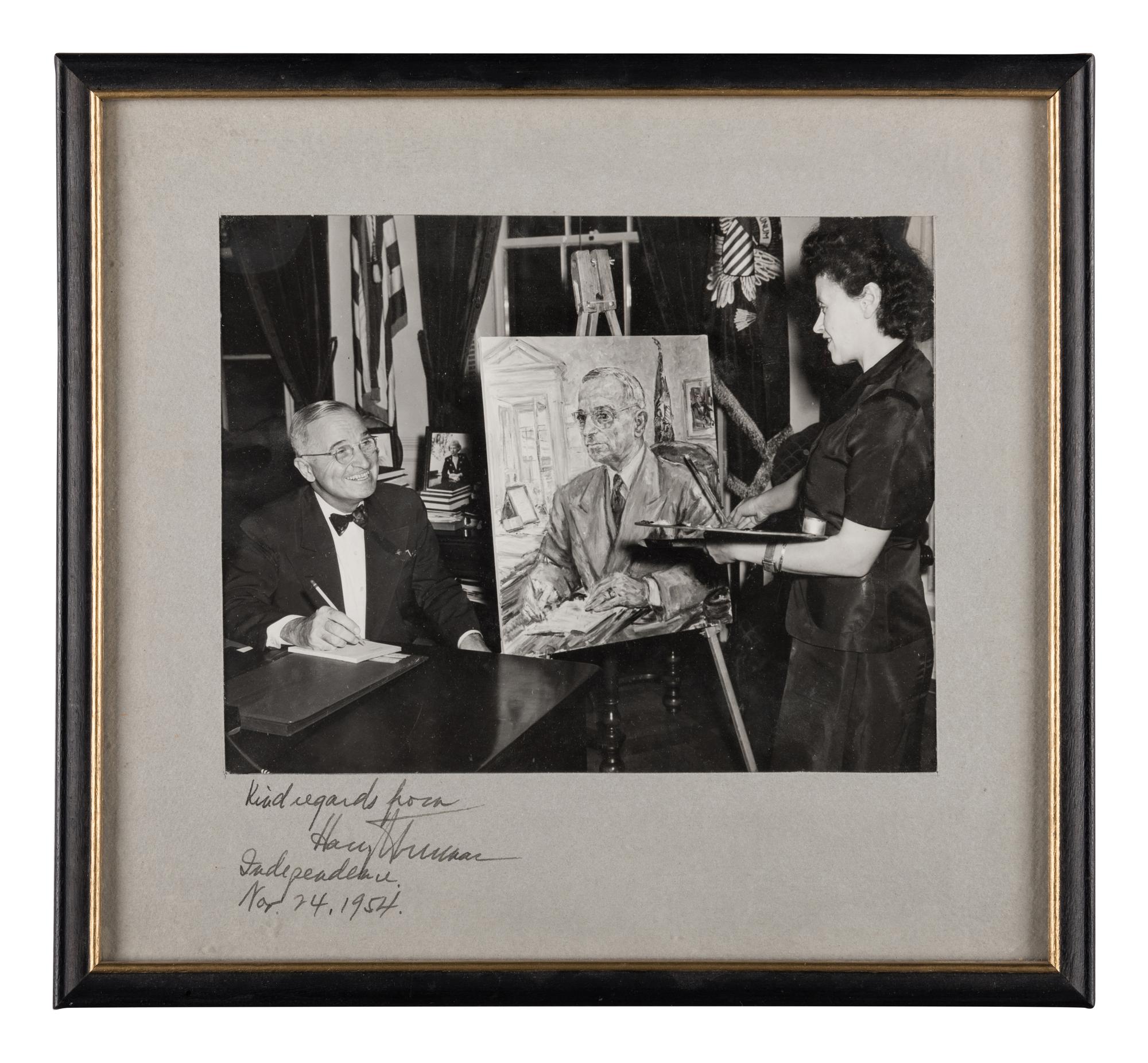 [KAUFMAN, Enit Zerner (1897-1961)] – [TRUMAN, Harry S. (1884-1972)] – Photograph signed and inscribed on mat ("Harry Truman.”), as former United States President to Enit Zerner KAUFMAN. Independence, Missouri: 24 November 1954.